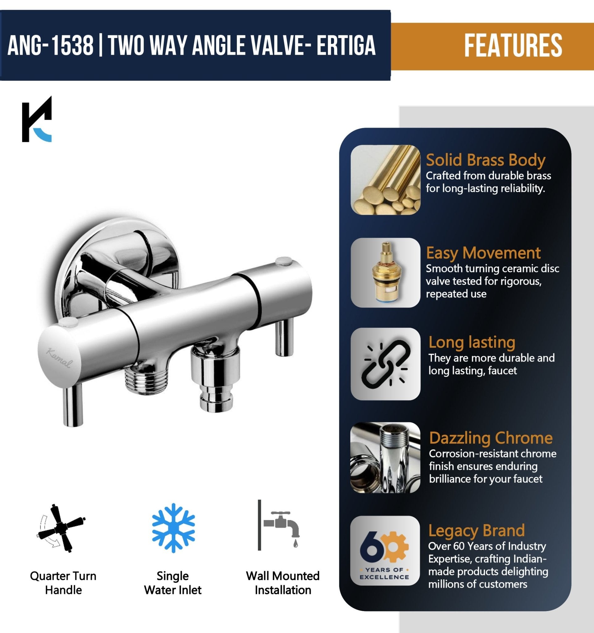 Ertiga Two Way Angle Valve (Full Brass) - by Kamal - Ertiga - Kamal Bathware