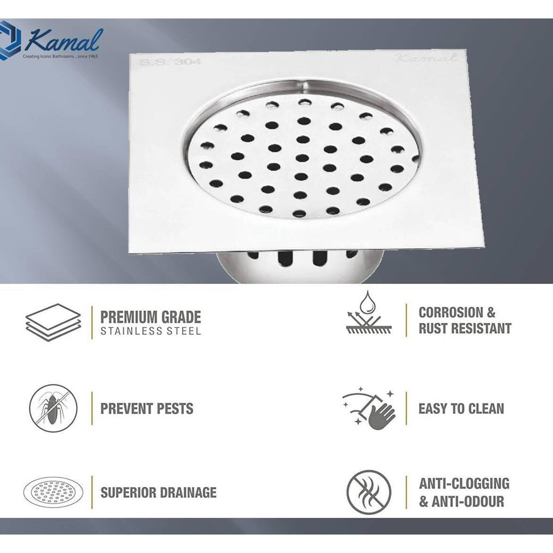 Flatron Cockroach Trap (5x5 Inch) SS 304 Grade Floor Drain Jali with Collar - by Kamal - Flatron - Kamal Bathware