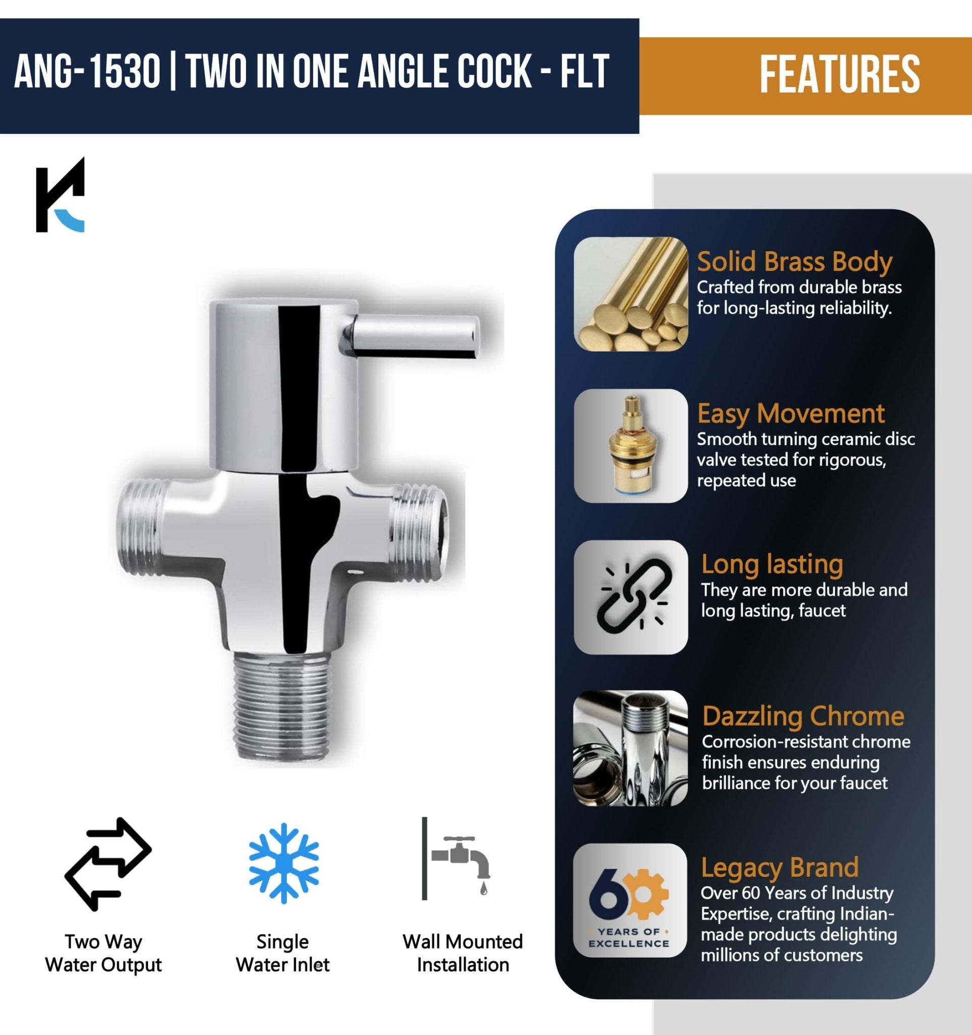 FLT 2 in 1 Angle Valve (Full Brass) - by Kamal - Kamal Bathware
