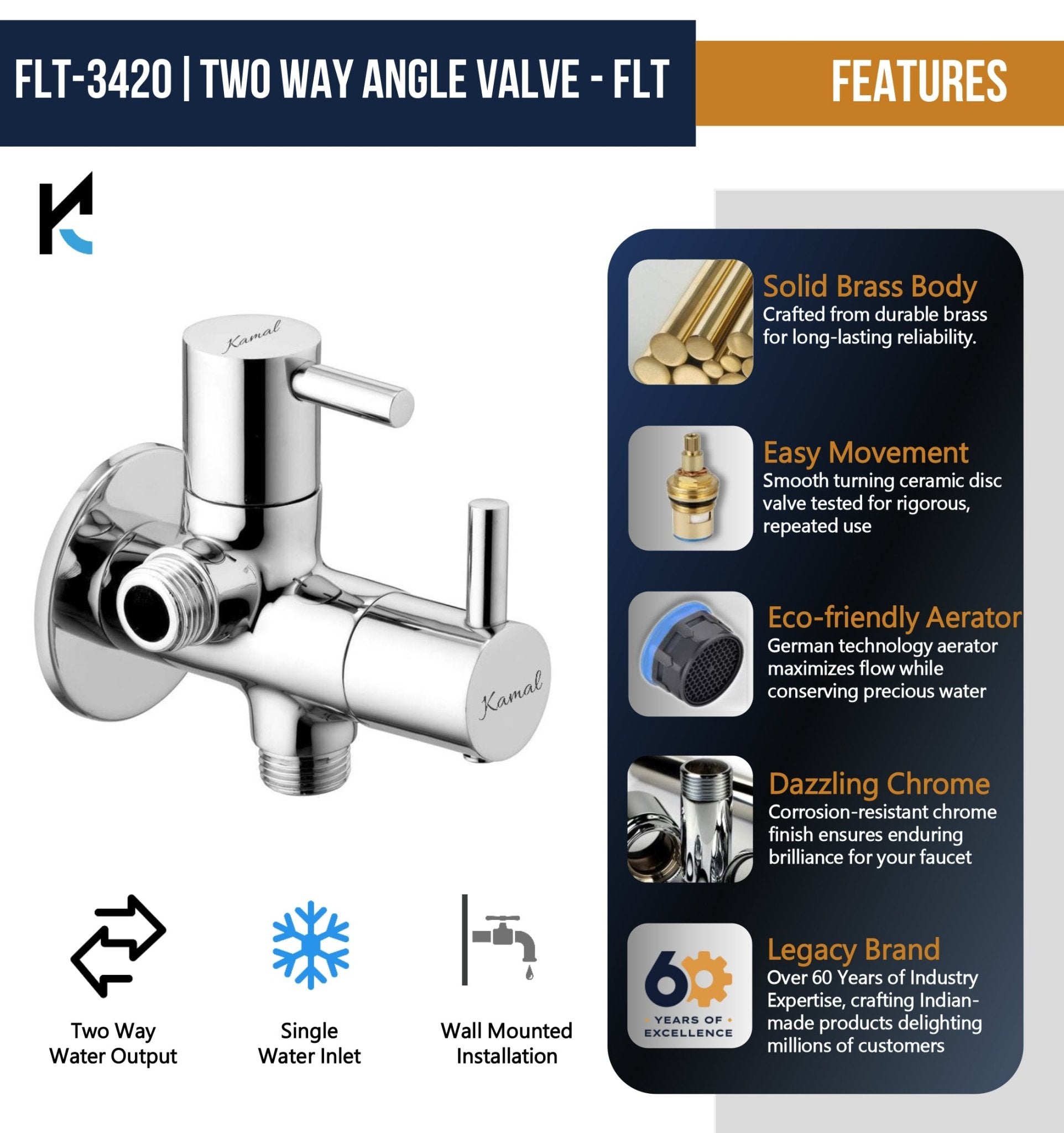 FLT 2-in-1 Angle Valve with Wall Flange (Full Brass) - by Kamal - Kamal Bathware
