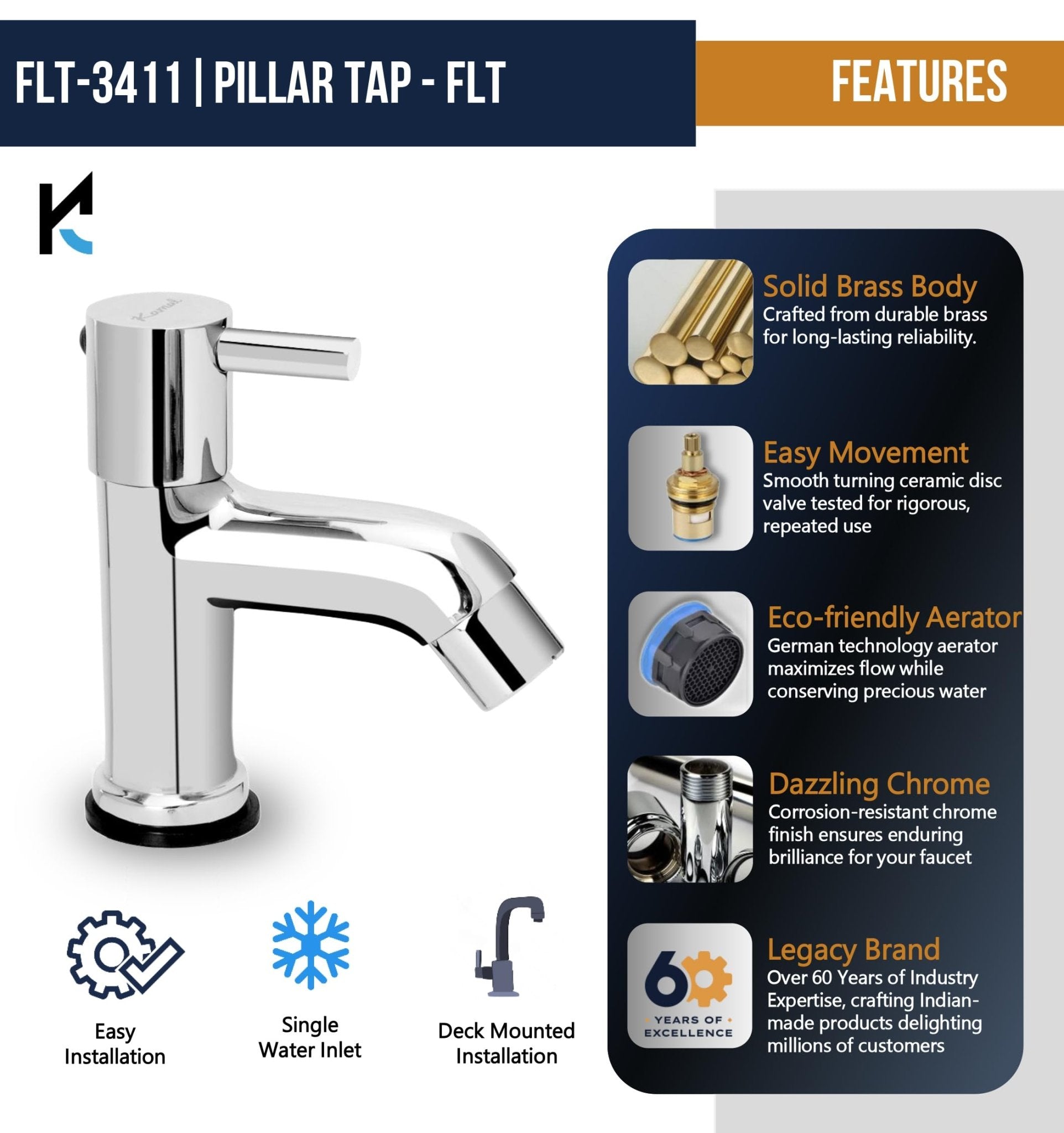 FLT Full Brass Basin Pillar Tap (Full Brass) - by Kamal - Kamal Bathware