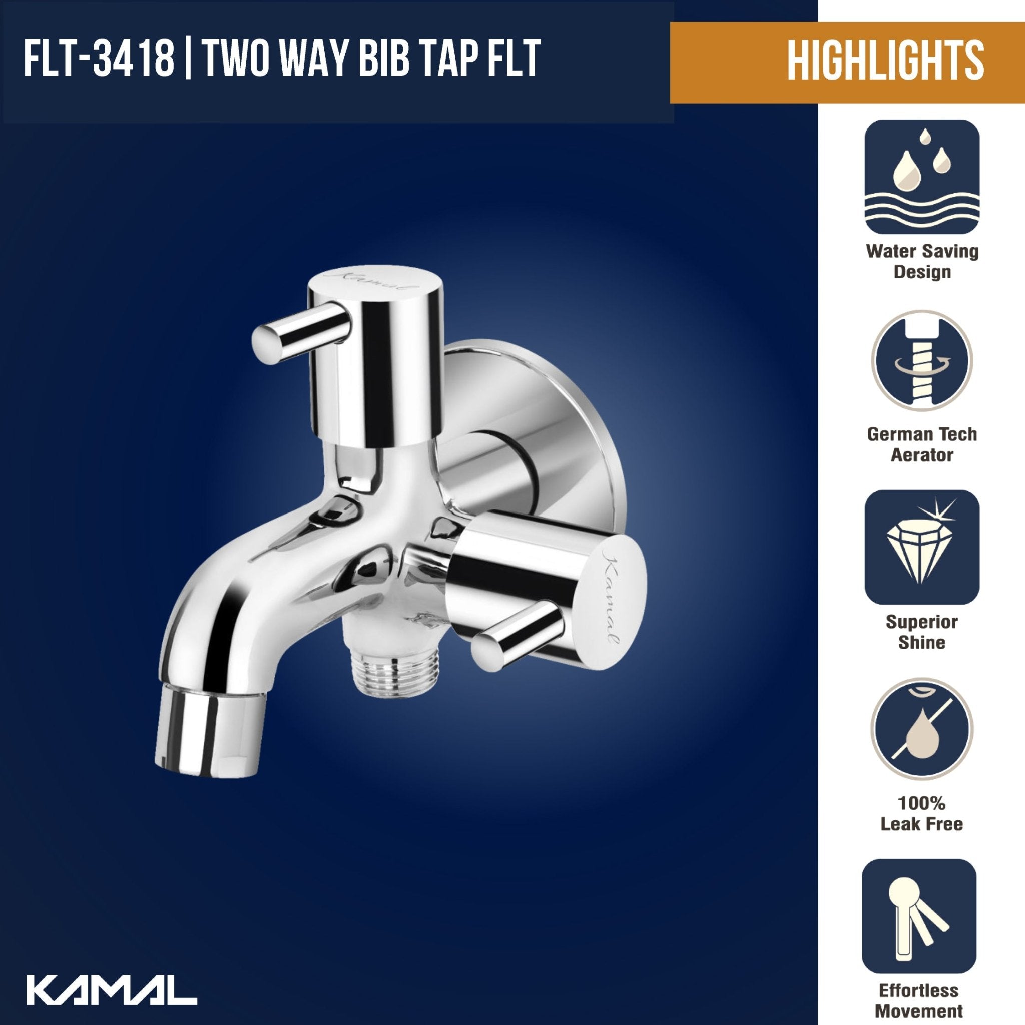 FLT Full Brass Two Way Bib Tap with Wall Flange (Full Brass) - by Kamal - FLT - Kamal Bathware