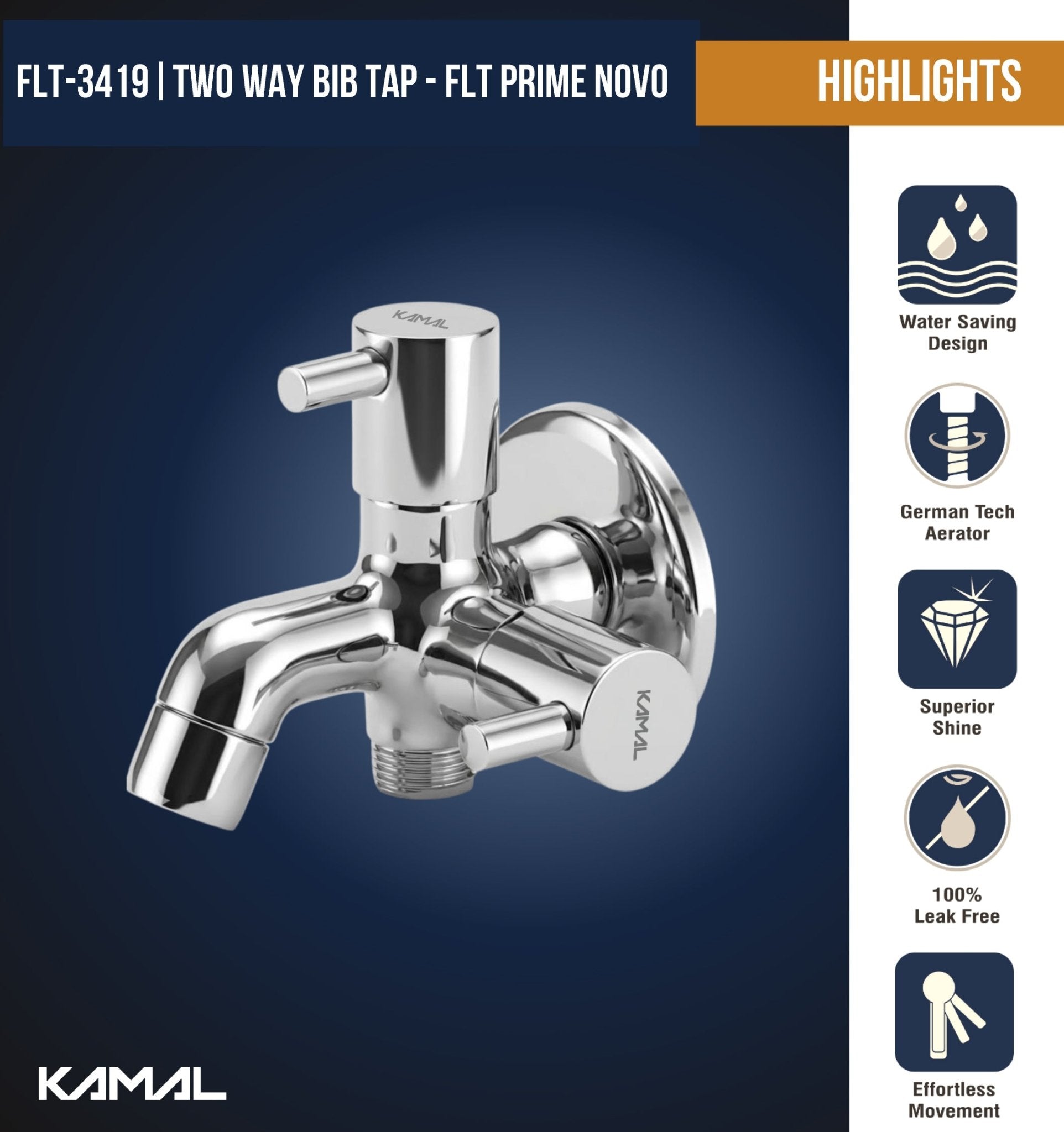 FLT Prime Novo Two Way Bib Tap (Full Brass) - by Kamal - FLT - Kamal Bathware