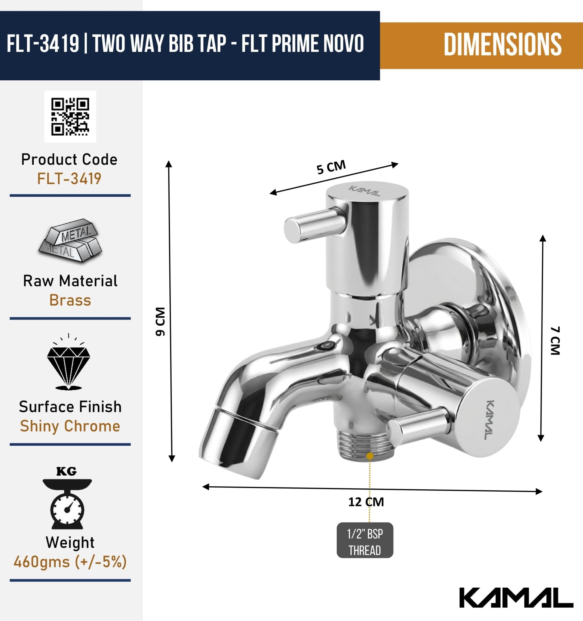 FLT Prime Novo Two Way Bib Tap (Full Brass) - by Kamal - FLT - Kamal Bathware