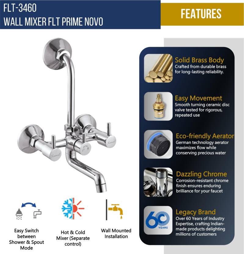 FLT Prime Novo Wall Mixer with L Bend Pipe (Full Brass) - by Kamal - FLT - Kamal Bathware
