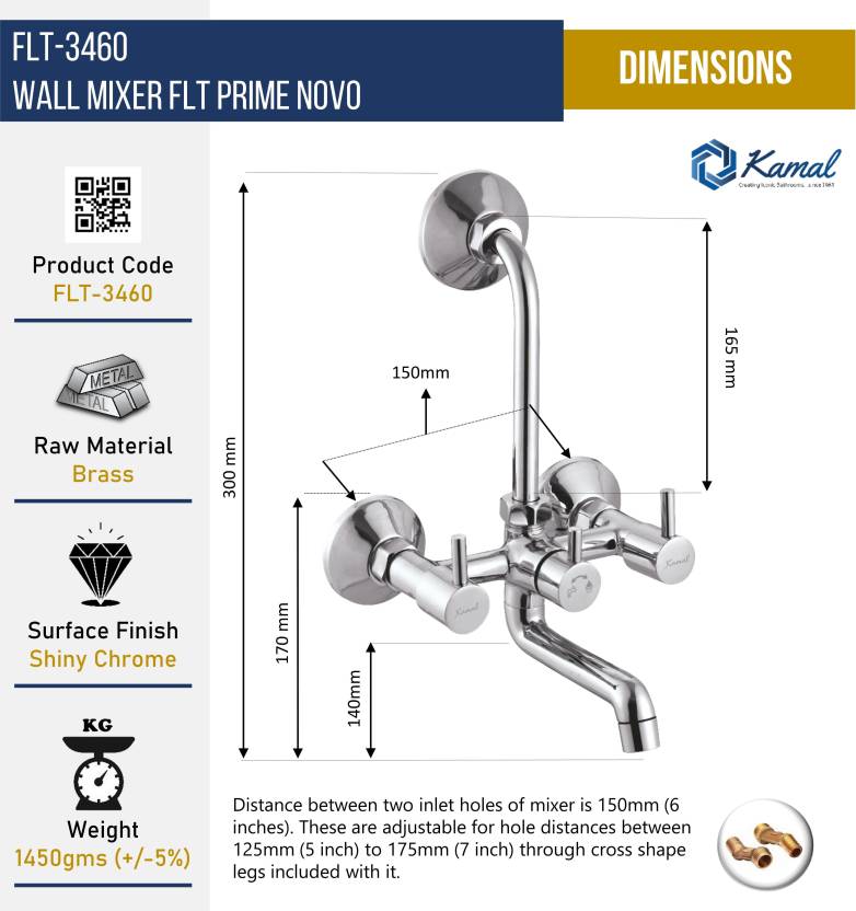 FLT Prime Novo Wall Mixer with L Bend Pipe (Full Brass) - by Kamal - FLT - Kamal Bathware