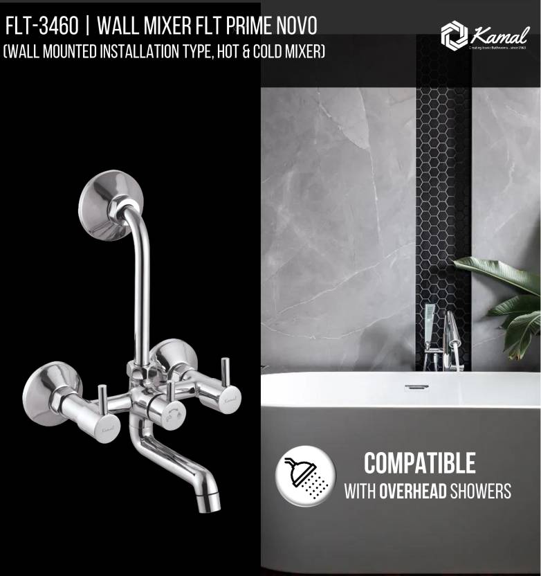 FLT Prime Novo Wall Mixer with L Bend Pipe (Full Brass) - by Kamal - FLT - Kamal Bathware