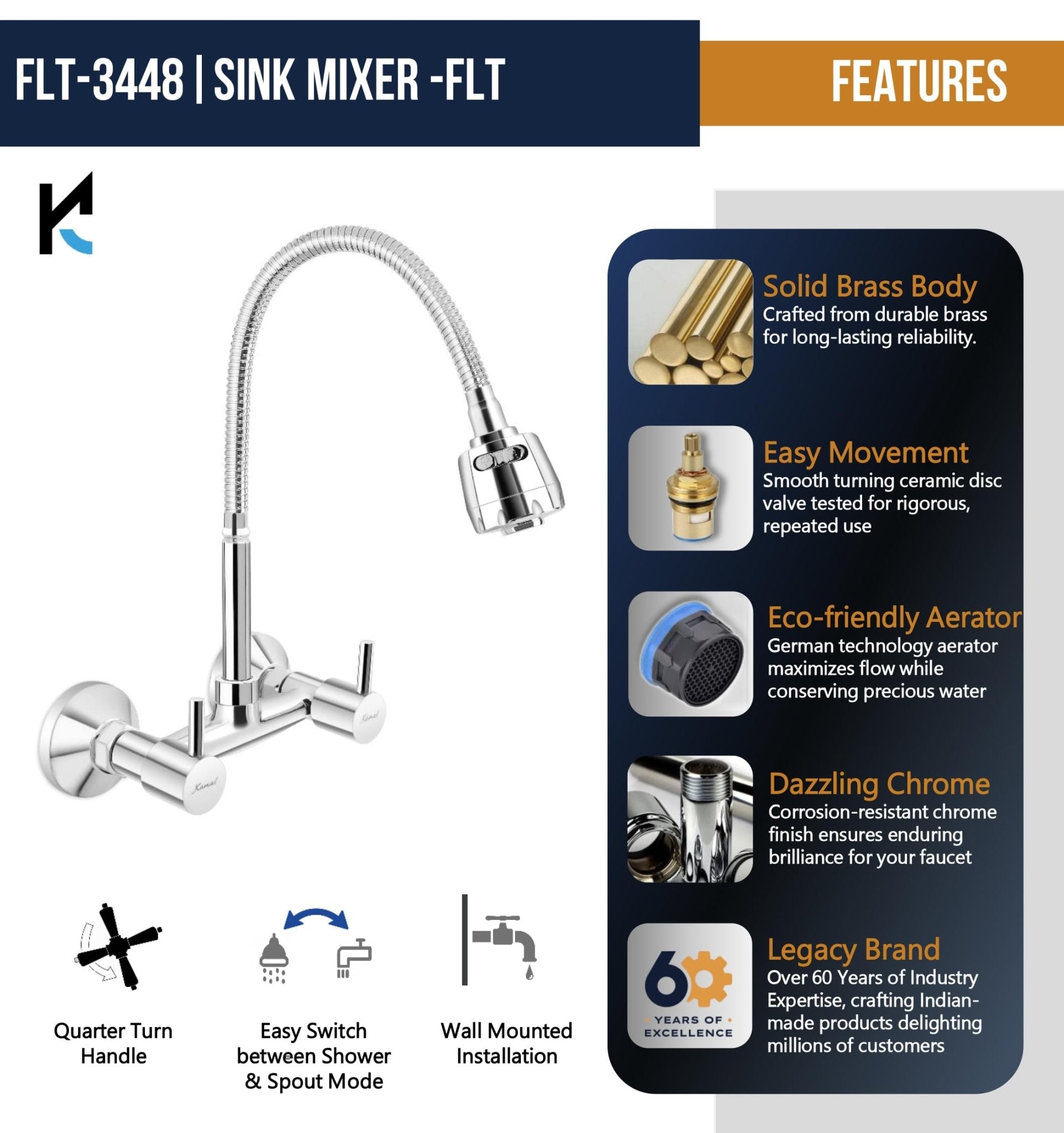FLT Sink Mixer (Brass & SS Steel) - by Kamal - Kamal Bathware