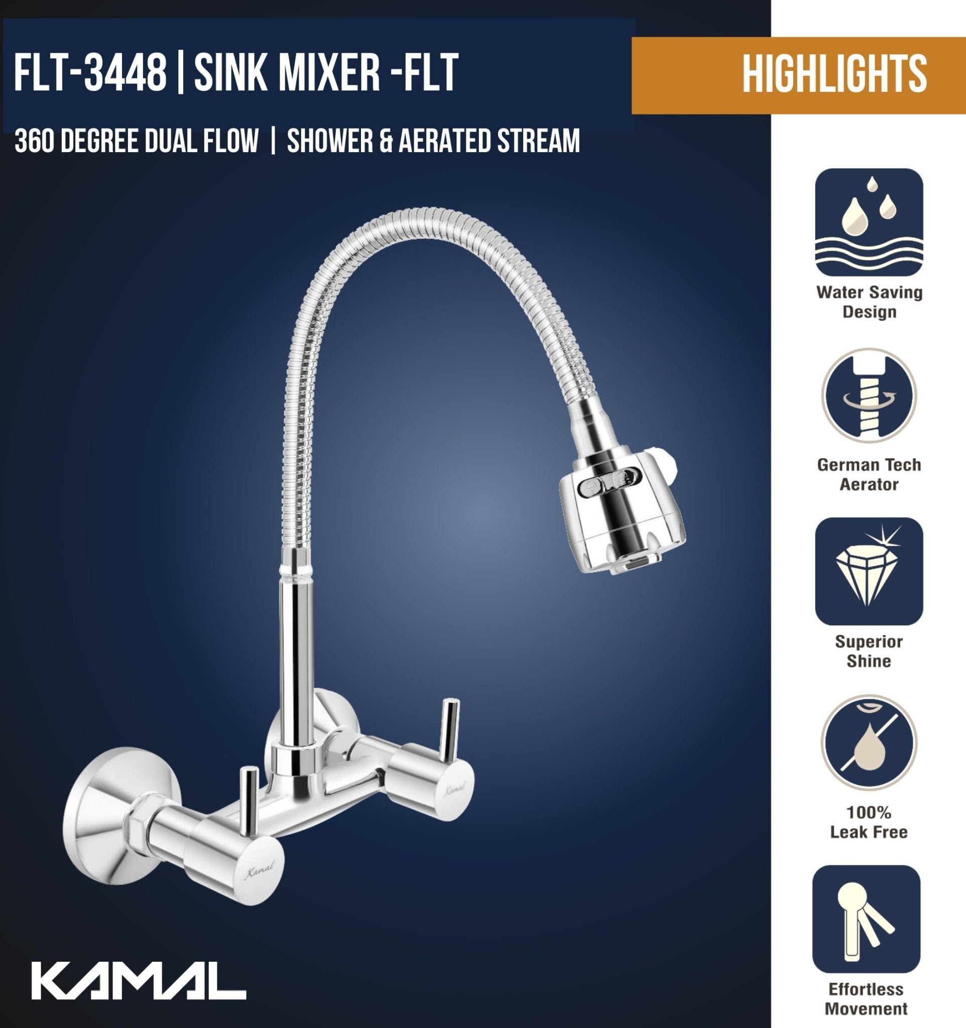 FLT Sink Mixer (Brass & SS Steel) - by Kamal - Kamal Bathware