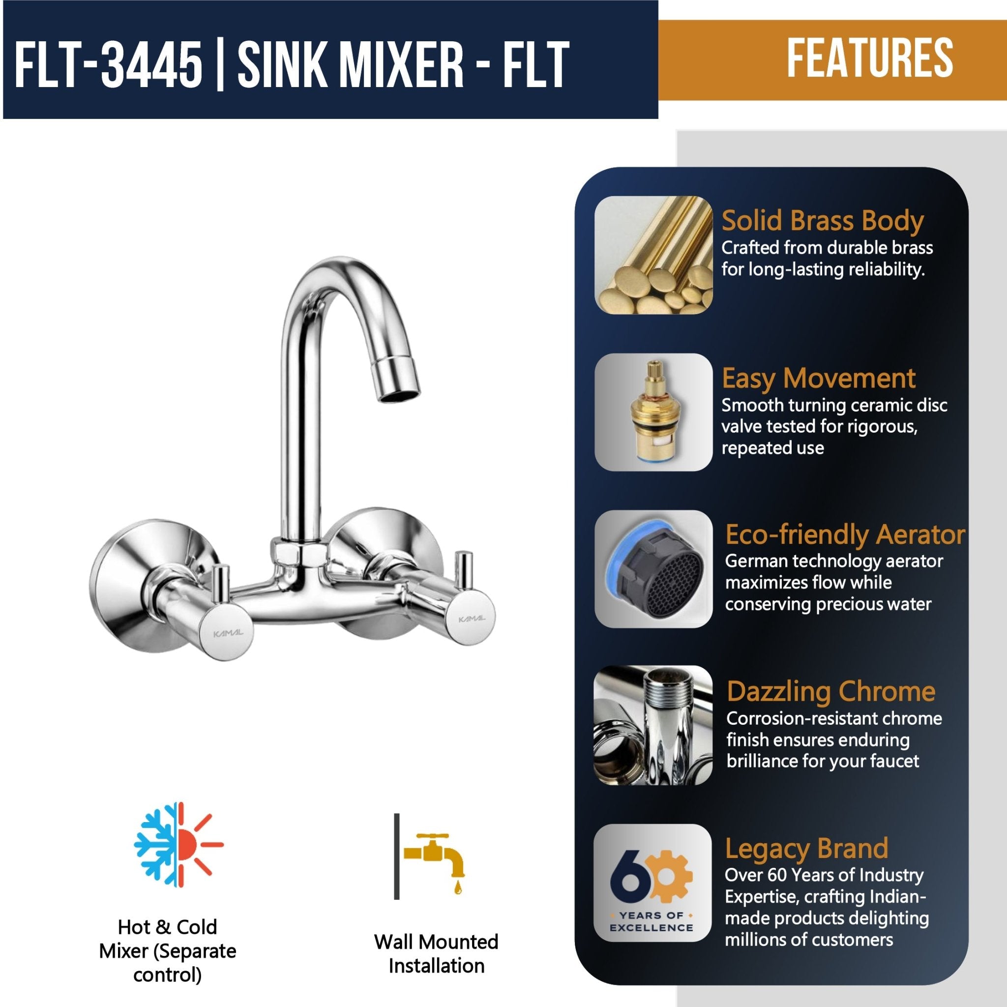 FLT Sink Mixer (Full Brass) - by Kamal - FLT - Kamal Bathware