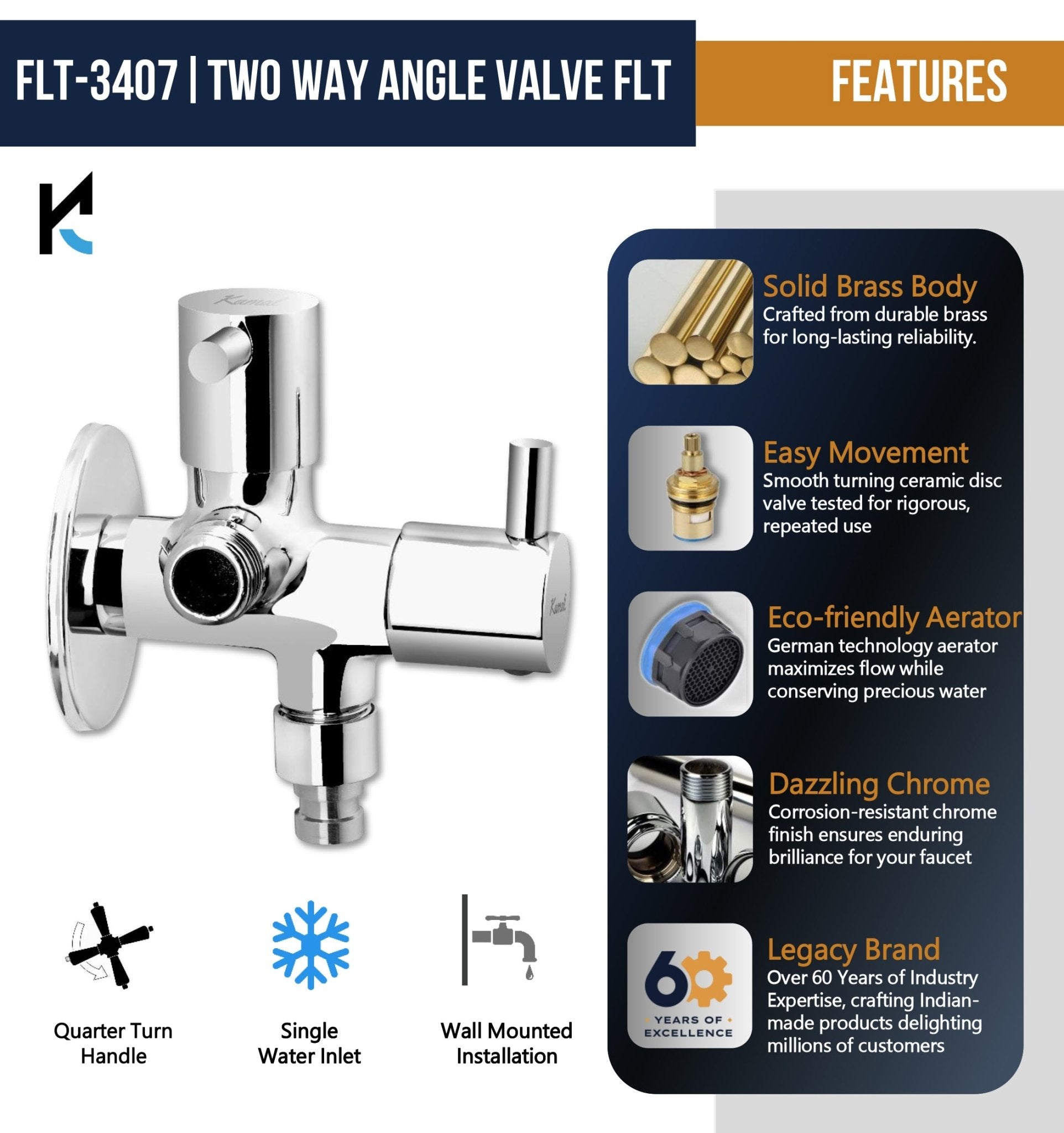 FLT Two Way Angle Valve (Full Brass) - by Kamal - FLT - Kamal Bathware