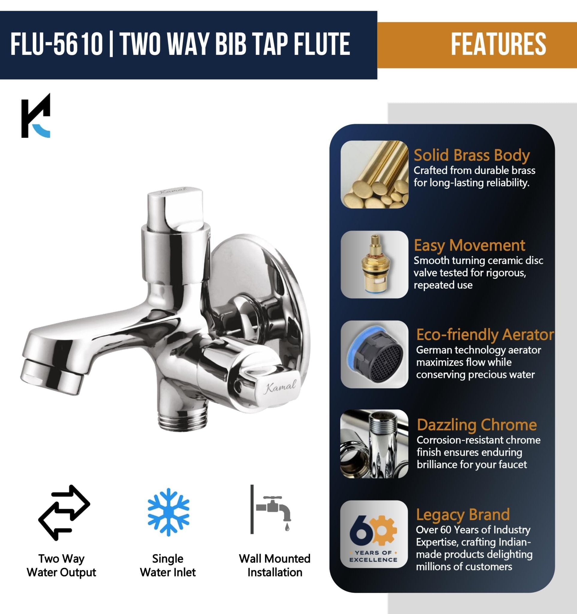 Flute Two Way Bib Tap (Full Brass) - by Kamal - Flute - Kamal Bathware