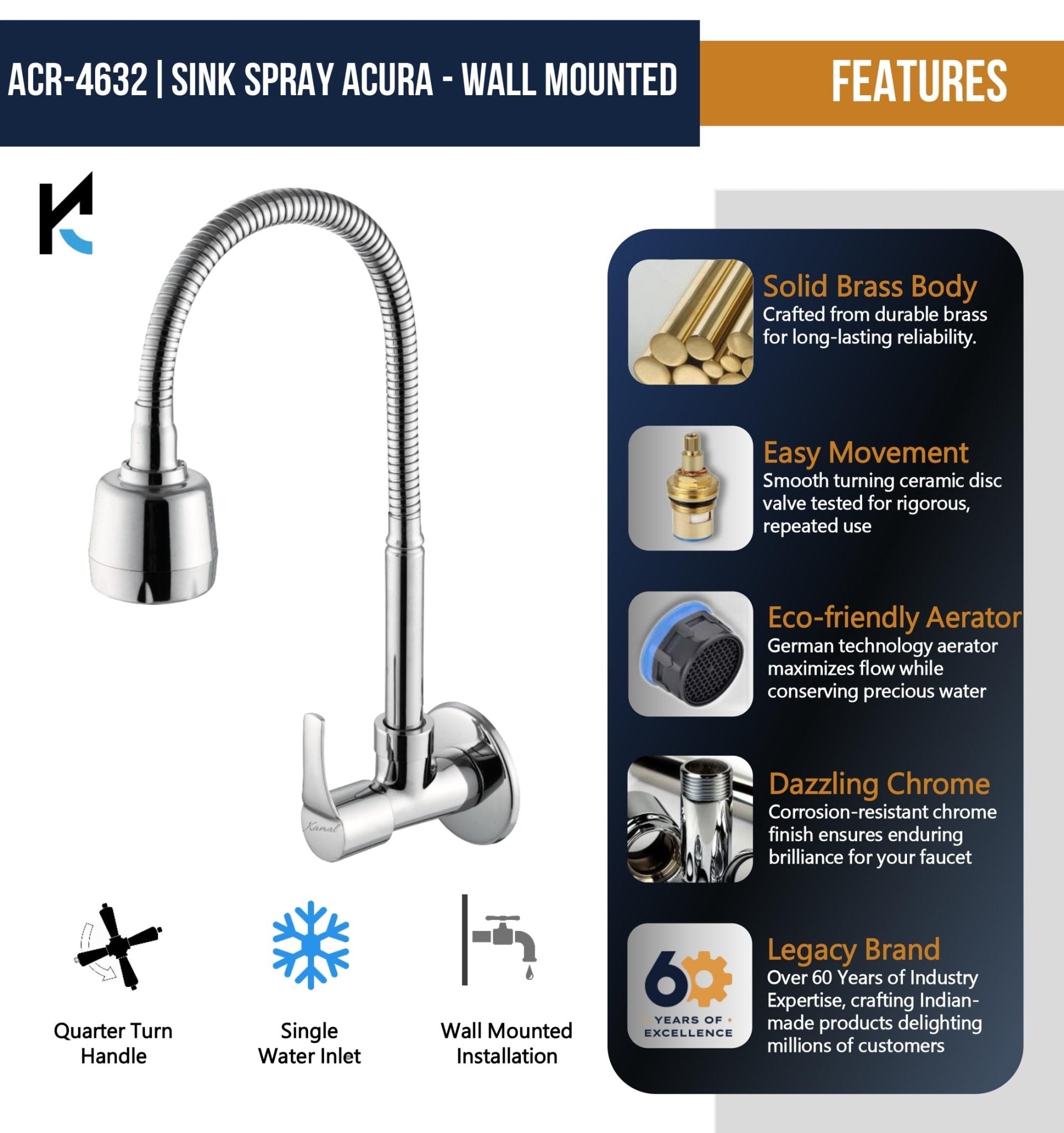 Fusion Sink Tap (Brass & SS Steel) - by Kamal - Fusion - Kamal Bathware
