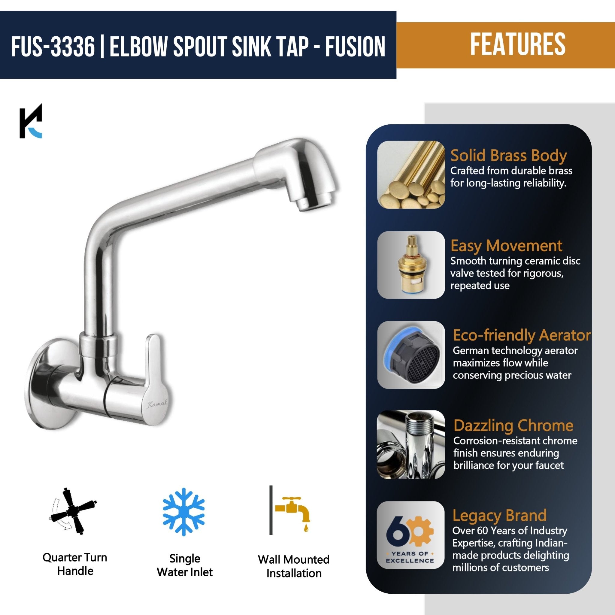 Fusion Sink Tap Elbow Spout (Full Brass) - by Kamal - Fusion - Kamal Bathware