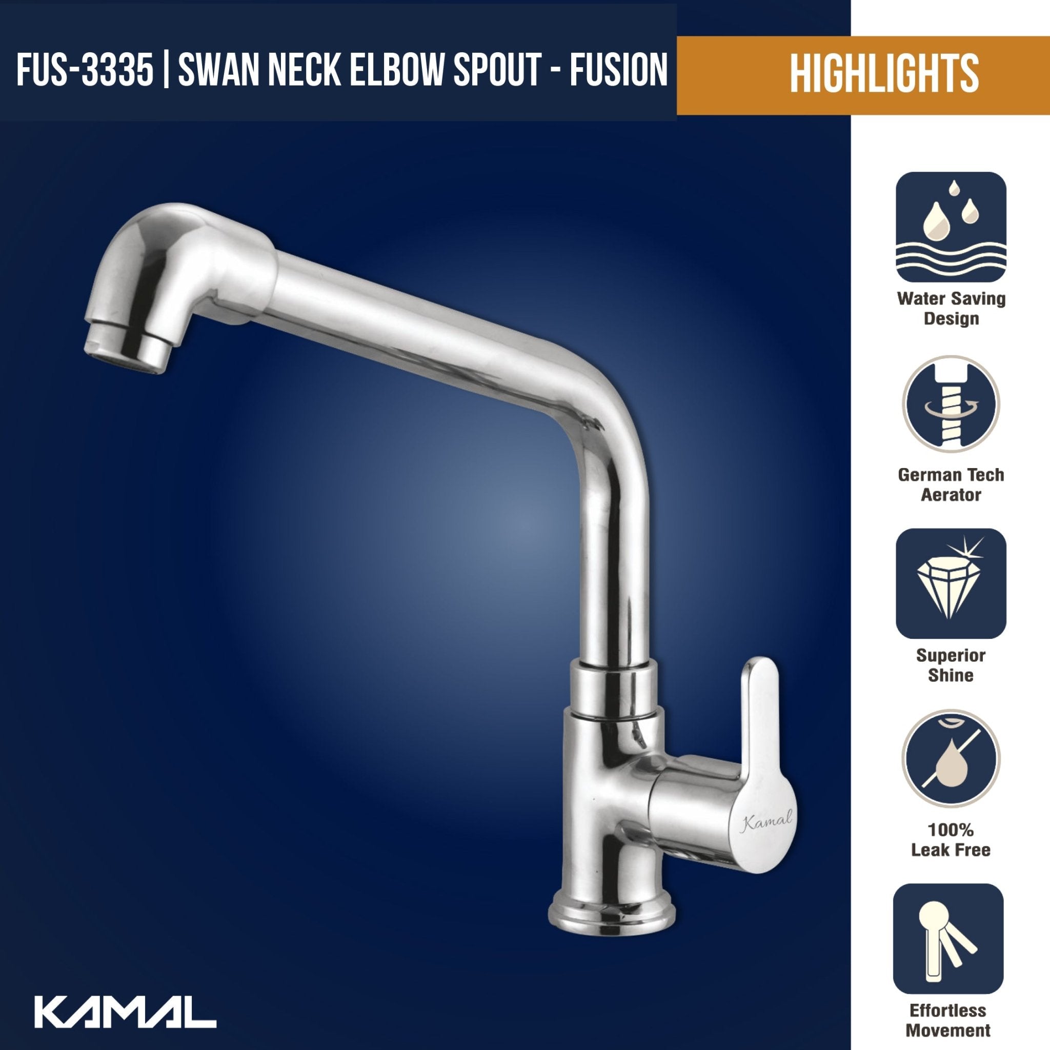 Fusion Swan Neck Elbow Spout (Full Brass) - by Kamal - Fusion - Kamal Bathware