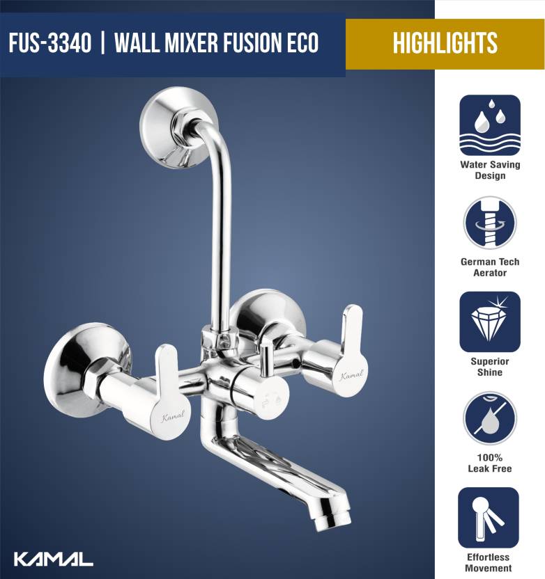Fusion Wall Mixer with L Bend Pipe (Full Brass) - by Kamal - Fusion - Kamal Bathware