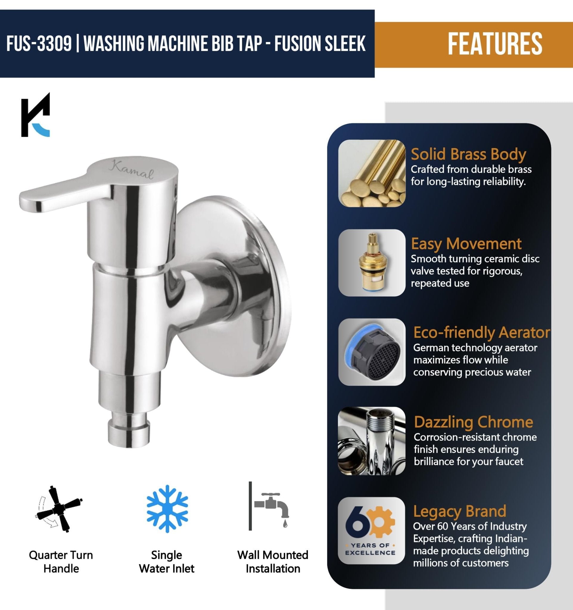Fusion Washing Machine Bib Tap (Full Brass) - by Kamal - Fusion - Kamal Bathware
