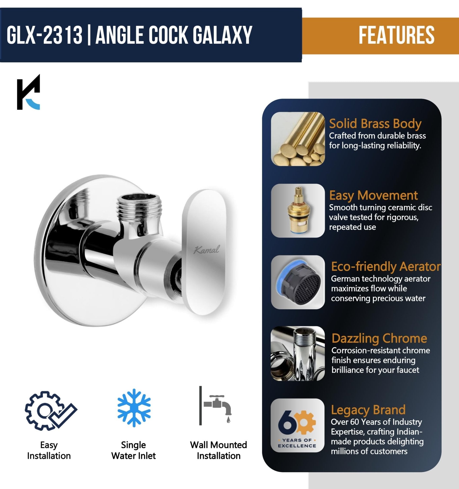 Galaxy Angle Valve (Full Brass) - by Kamal - Galaxy - Kamal Bathware