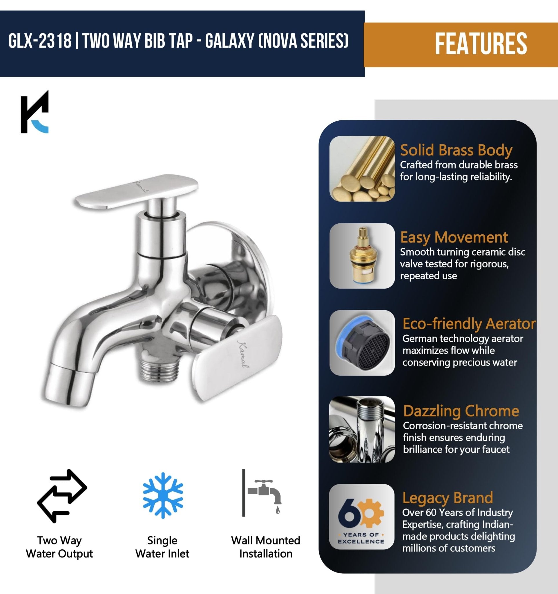 Galaxy Two in One Bib Cock (Full Brass) - by Kamal - Galaxy - Kamal Bathware