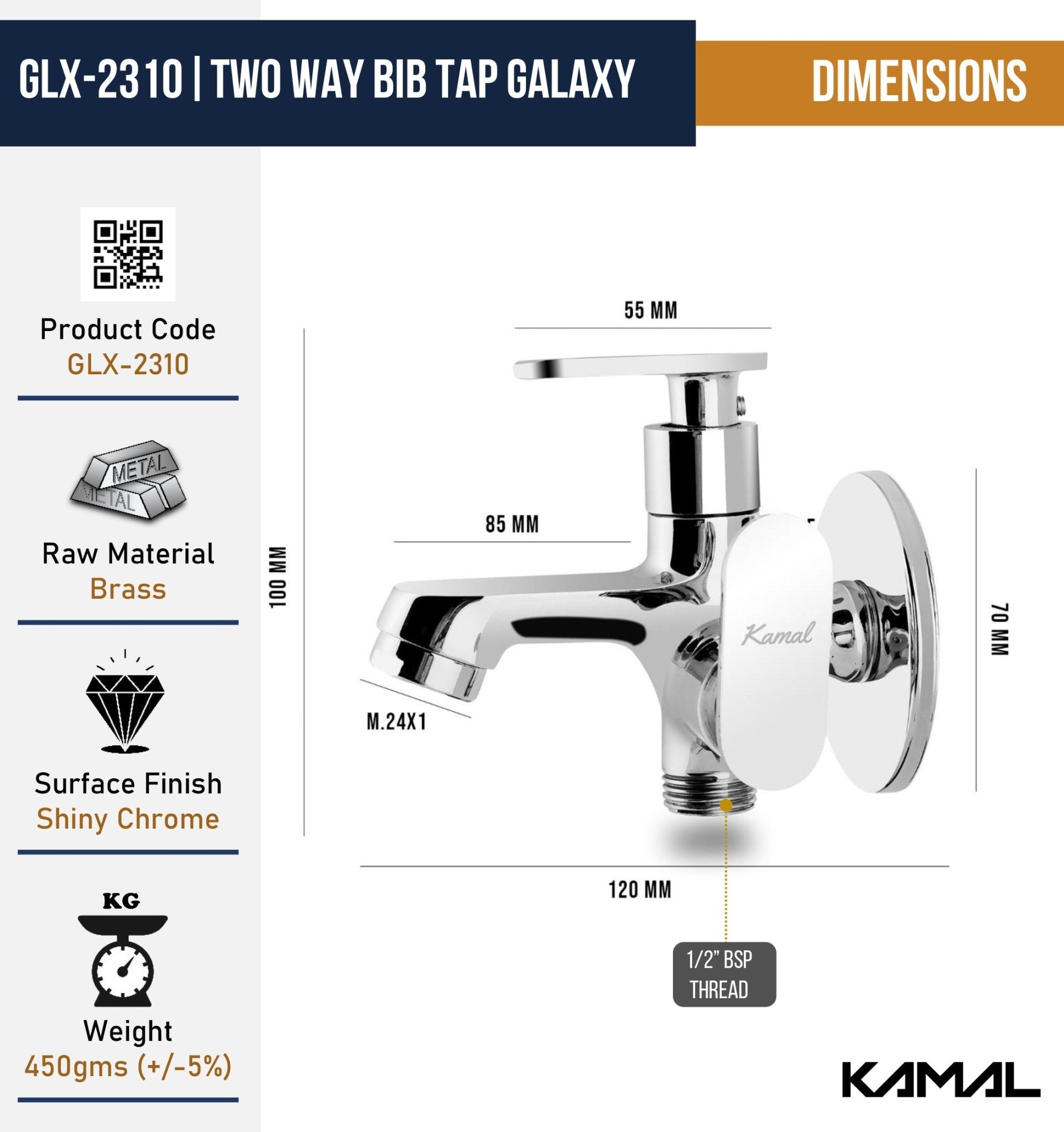 Galaxy Two - Way Bib Tap (Full Brass) - by Kamal - Galaxy - Kamal Bathware