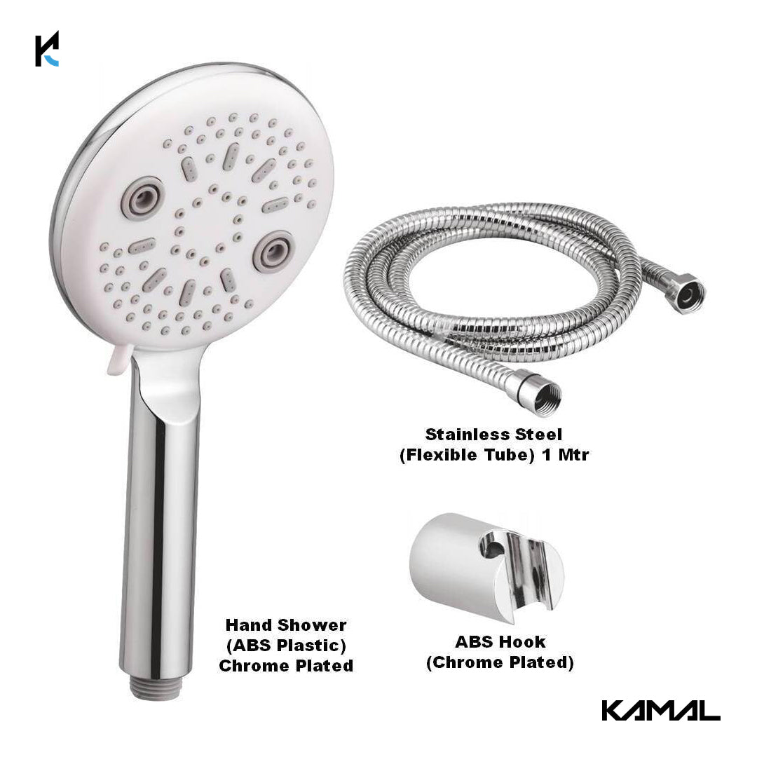 Gio Hand Shower Multiflow (White & Grey) With SS Flexible Tube 1.5 Mtr (150cm) & Wall Hook - by Kamal - Gio - Kamal Bathware