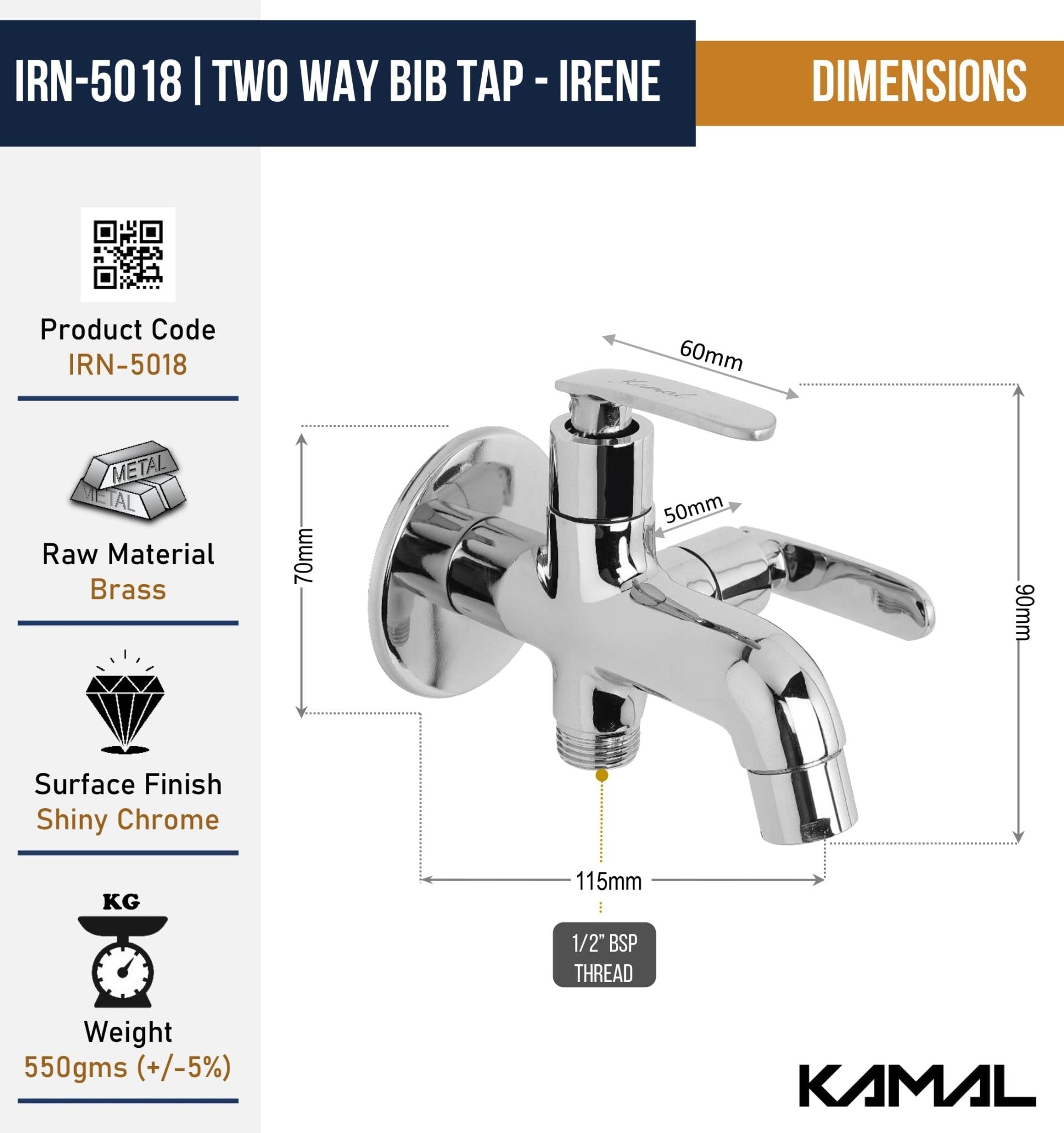 Irene 2 in 1 Brass Bib Tap (Full Brass) - by Kamal - Kamal Bathware
