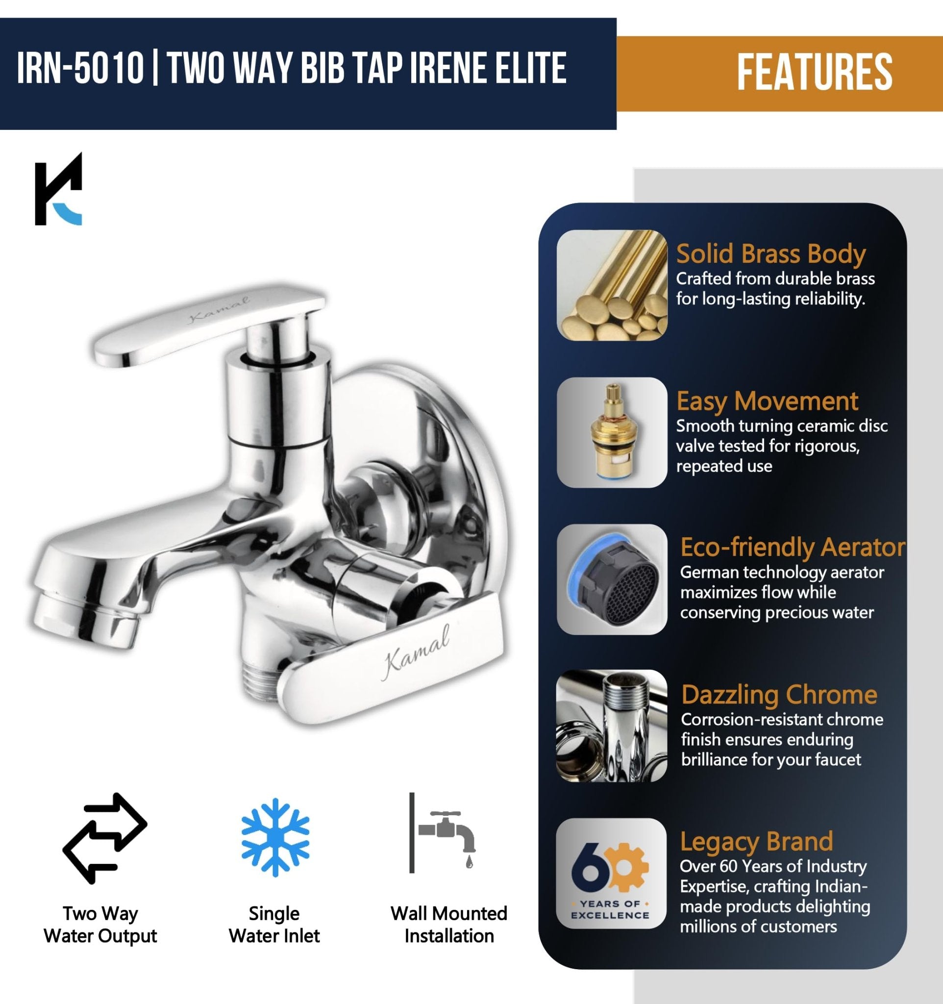 Irene Elite Two Way Bib Tap (Full Brass) - by Kamal - Irene - Kamal Bathware