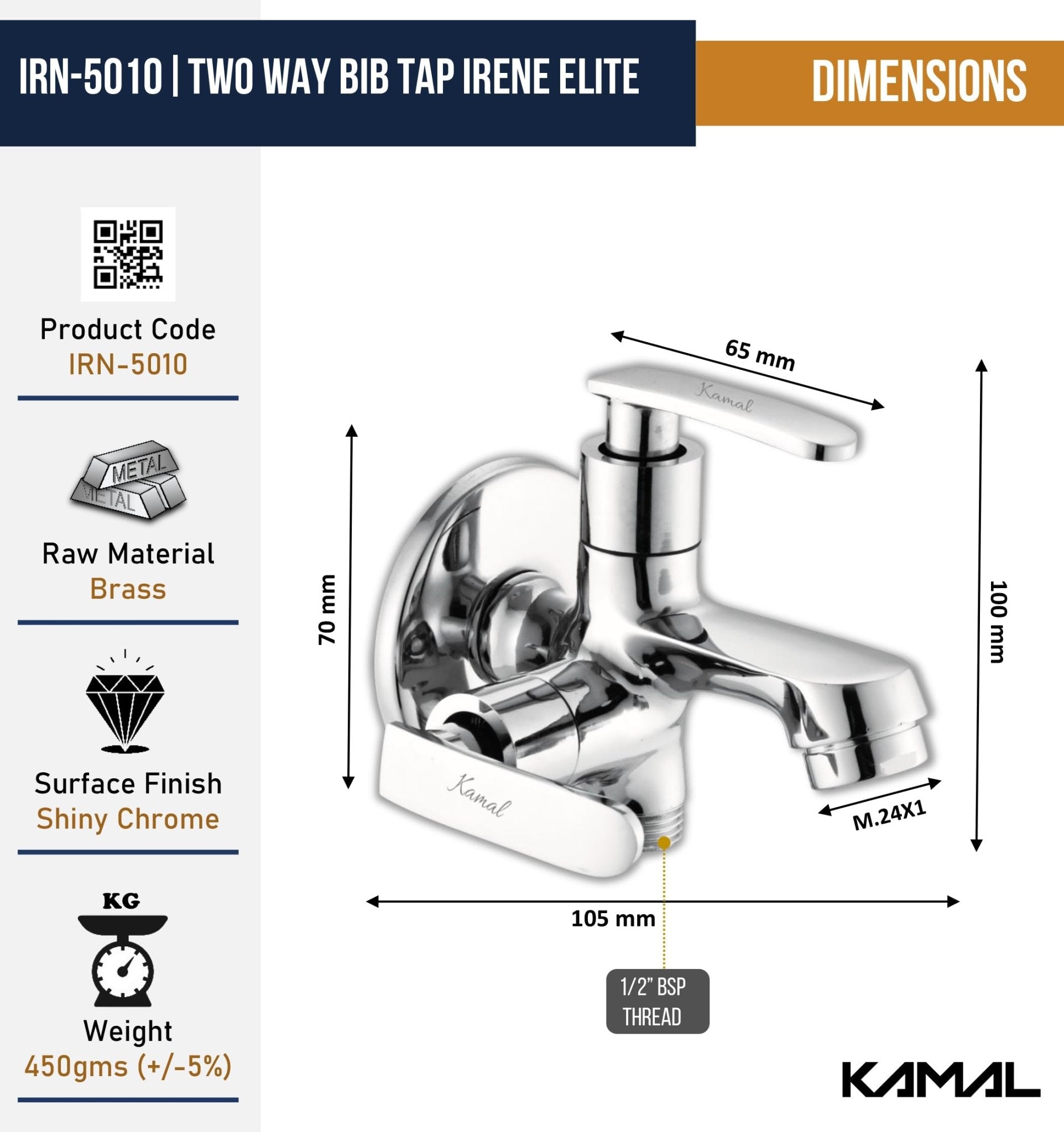 Irene Elite Two Way Bib Tap (Full Brass) - by Kamal - Irene - Kamal Bathware