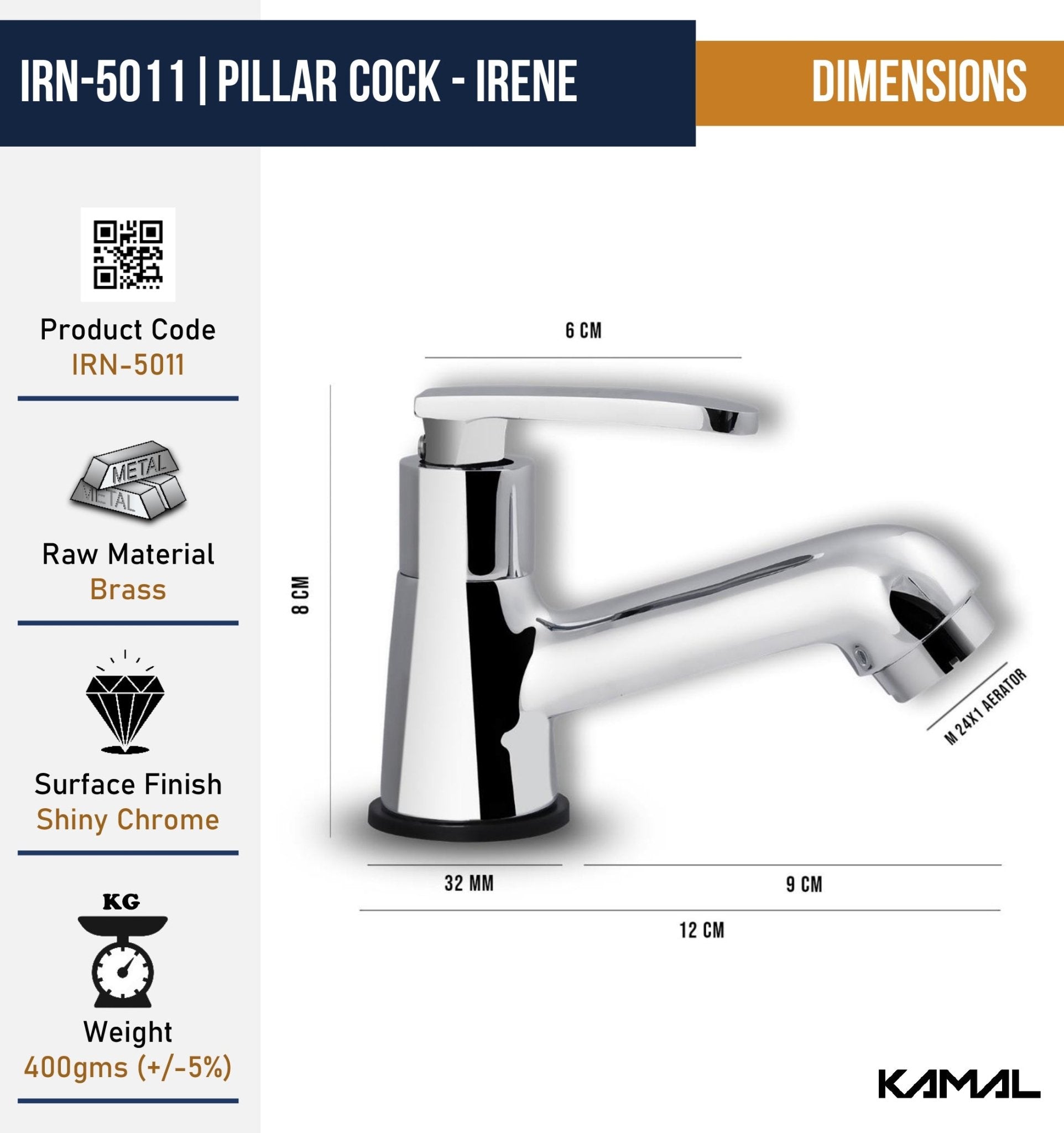 Irene Pillar Tap (Full Brass) - by Kamal - Kamal Bathware