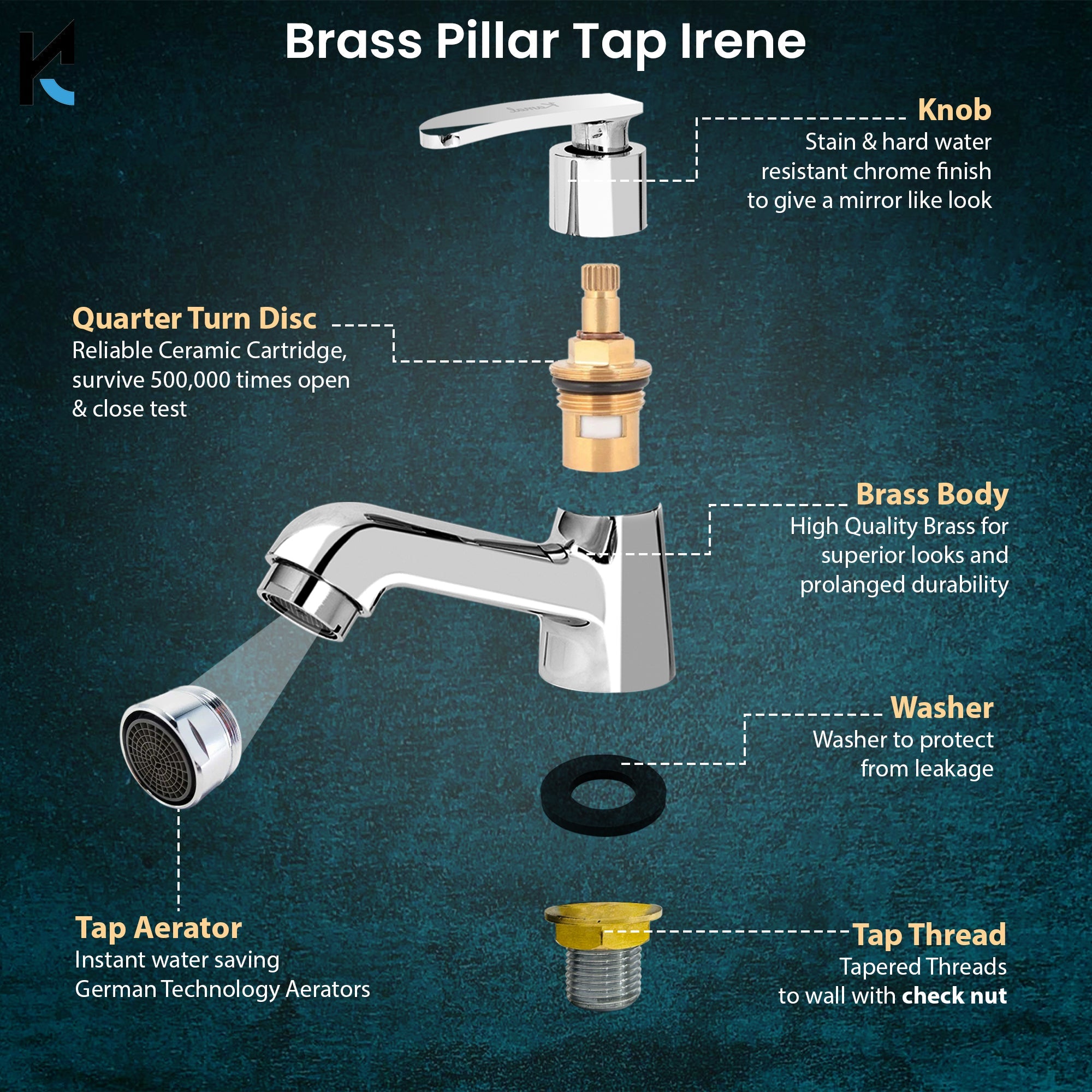 Irene Pillar Tap (Full Brass) - by Kamal - Kamal Bathware