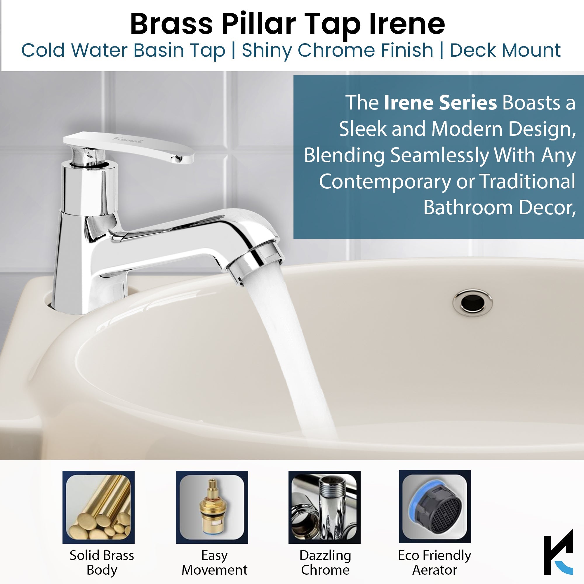 Irene Pillar Tap (Full Brass) - by Kamal - Kamal Bathware
