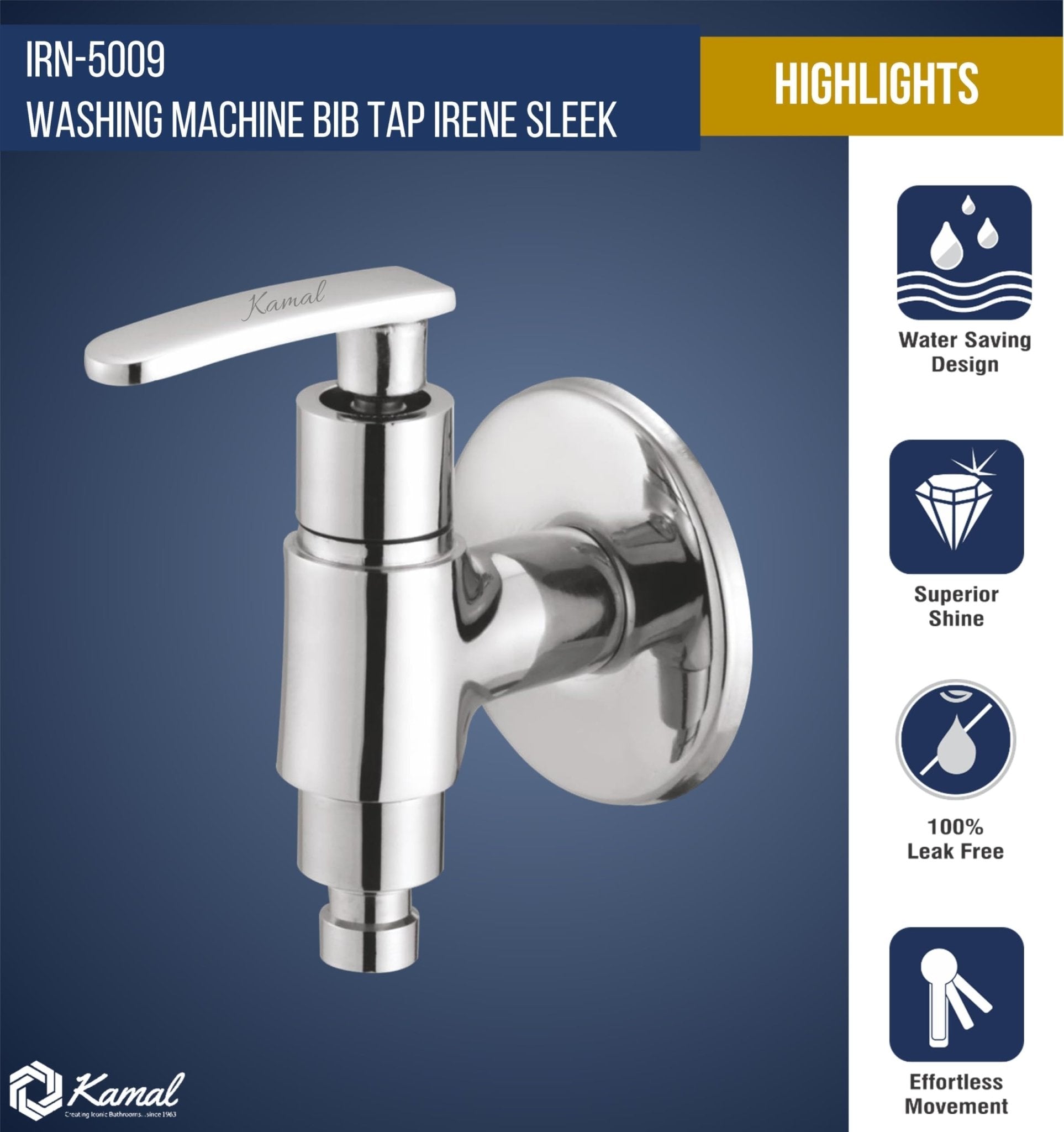 Irene Sleek Washing Machine Bib Tap (Full Brass) - by Kamal - Irene - Kamal Bathware