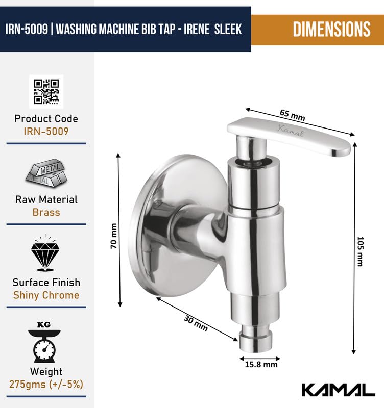 Irene Sleek Washing Machine Bib Tap (Full Brass) - by Kamal - Irene - Kamal Bathware