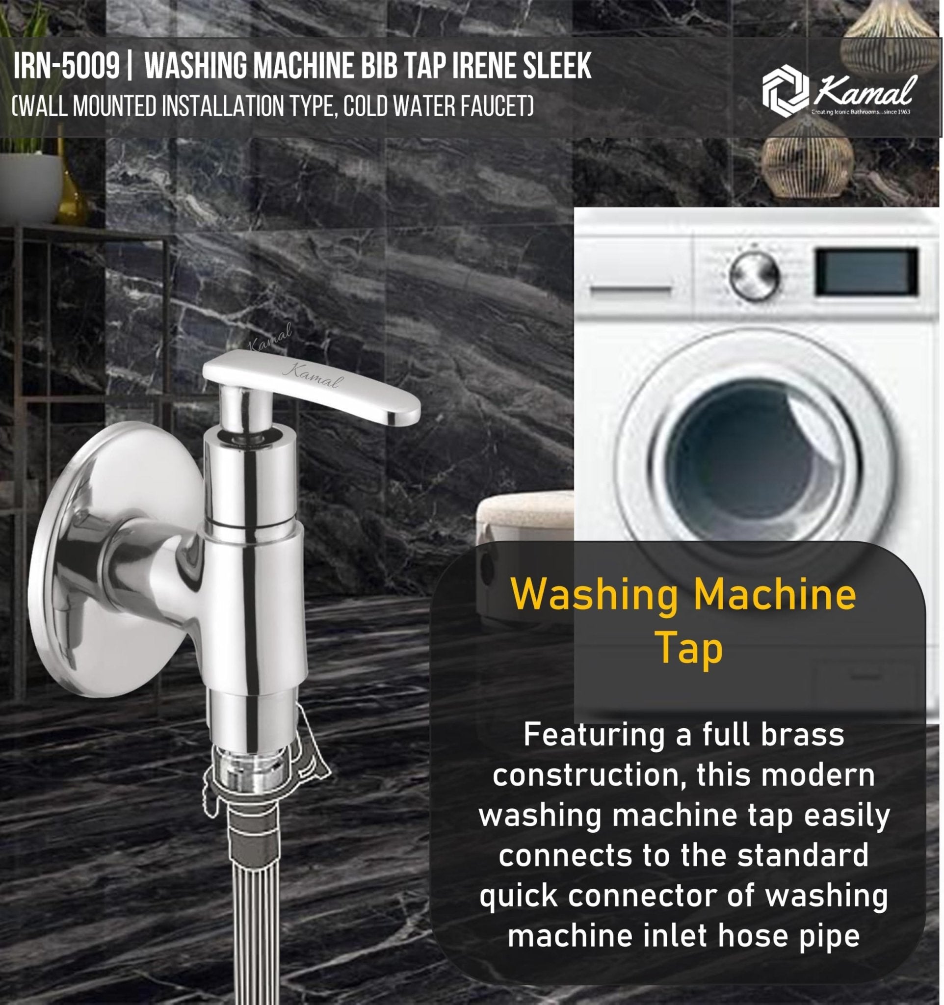 Irene Sleek Washing Machine Bib Tap (Full Brass) - by Kamal - Irene - Kamal Bathware