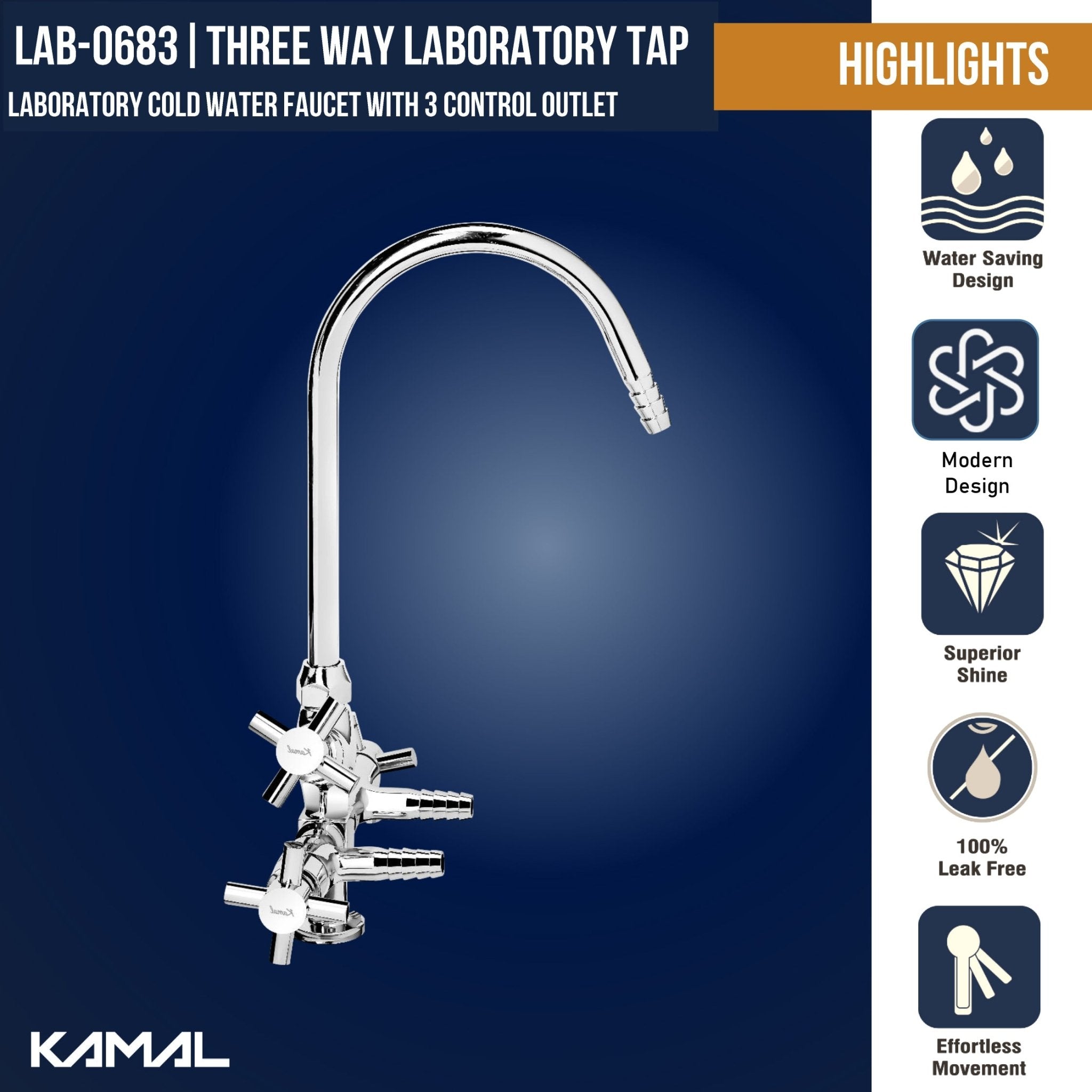 Laboratory Tap Three Way (Full Brass) - by Kamal - Faucets - Kamal Bathware