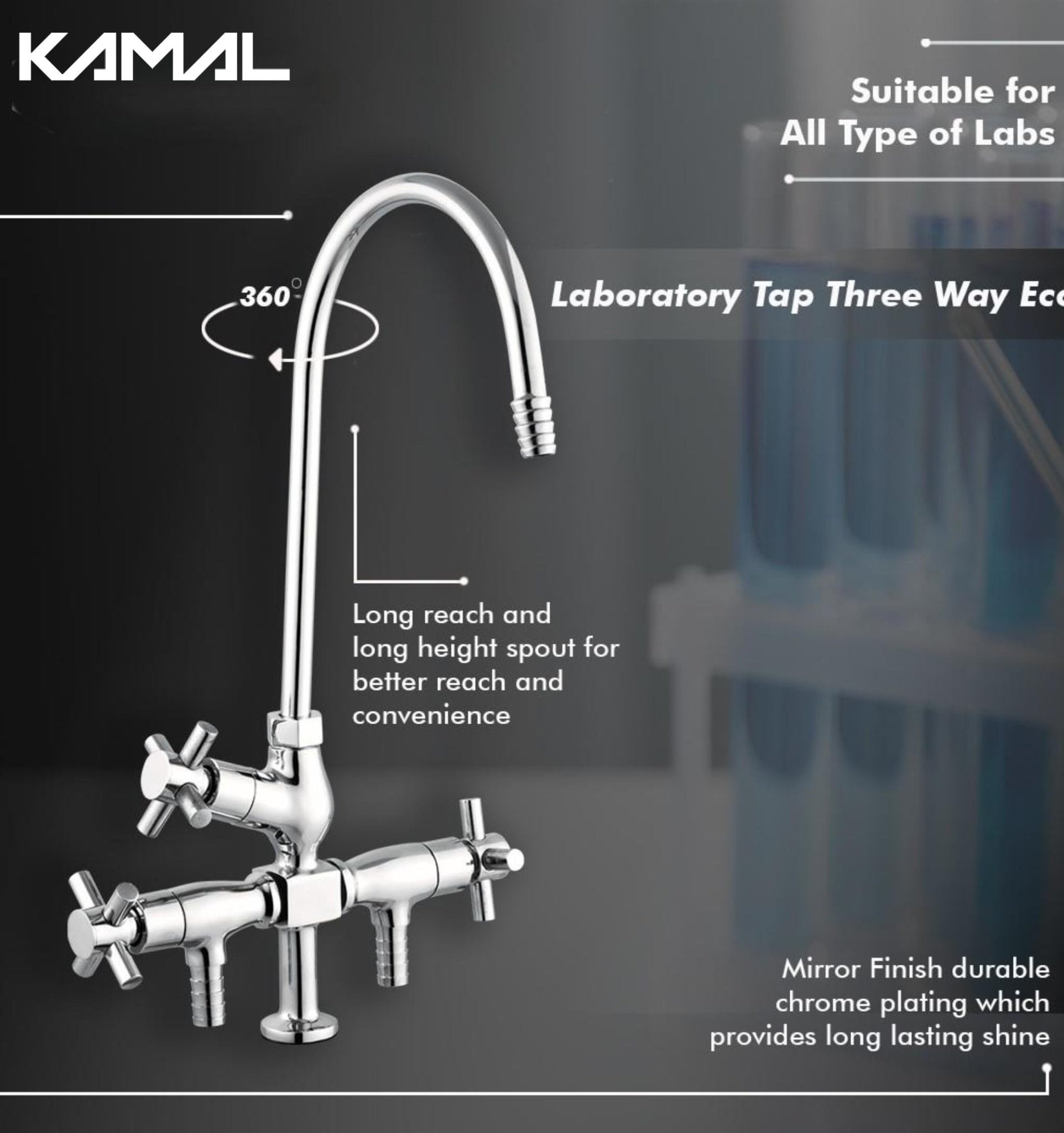Laboratory Tap Three Way (Full Brass) - by Kamal - Kamal Bathware