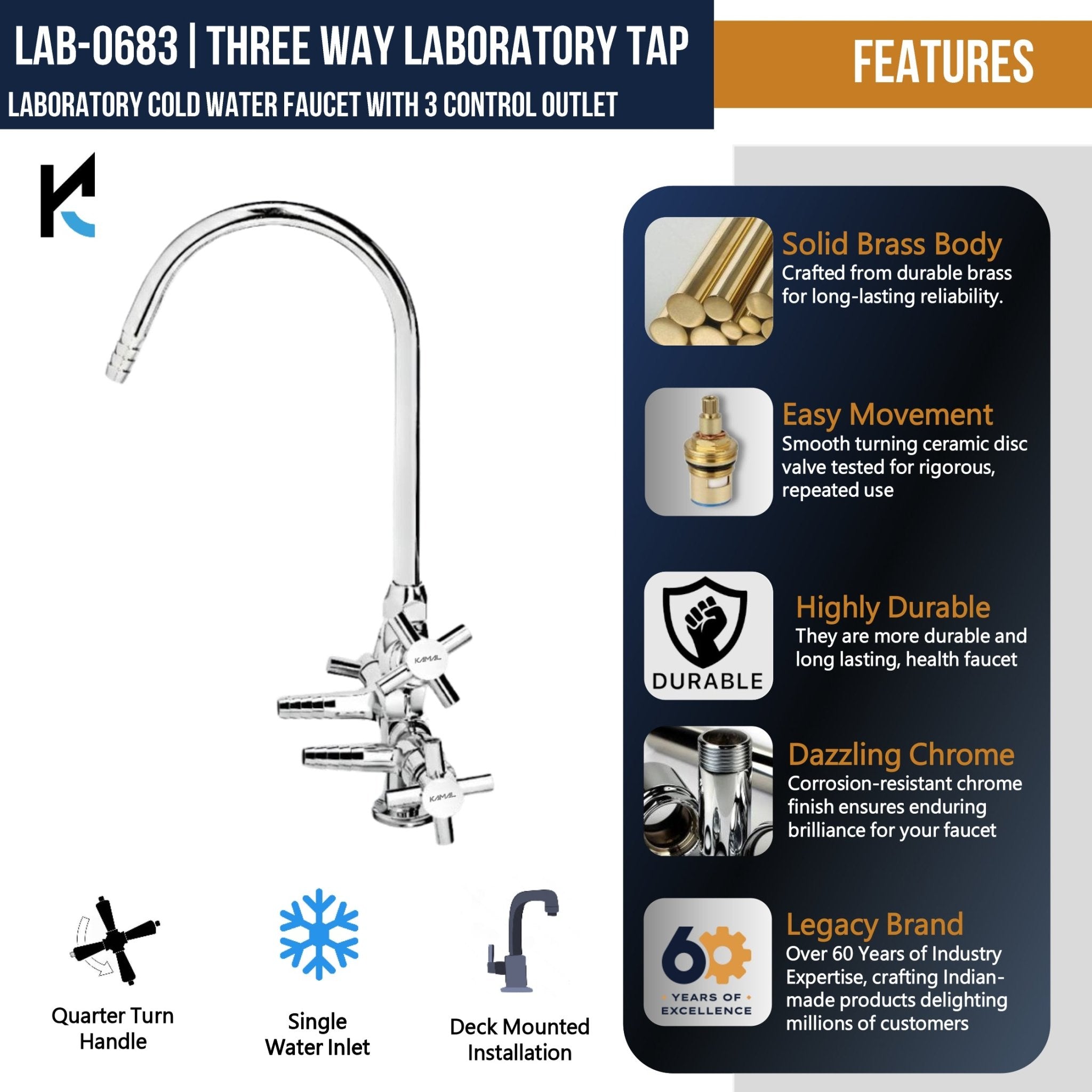 Laboratory Tap Three Way (Full Brass) - by Kamal - Faucets - Kamal Bathware