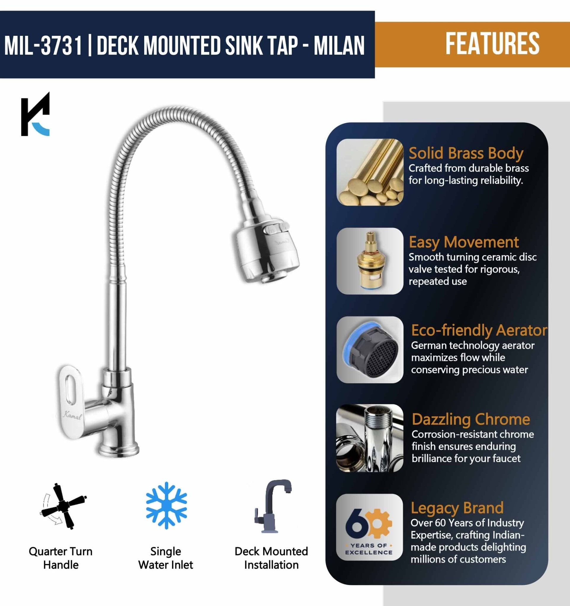 Milan Dual Flow Heavy Body Sink Tap – by Kamal - Milan - Kamal Bathware