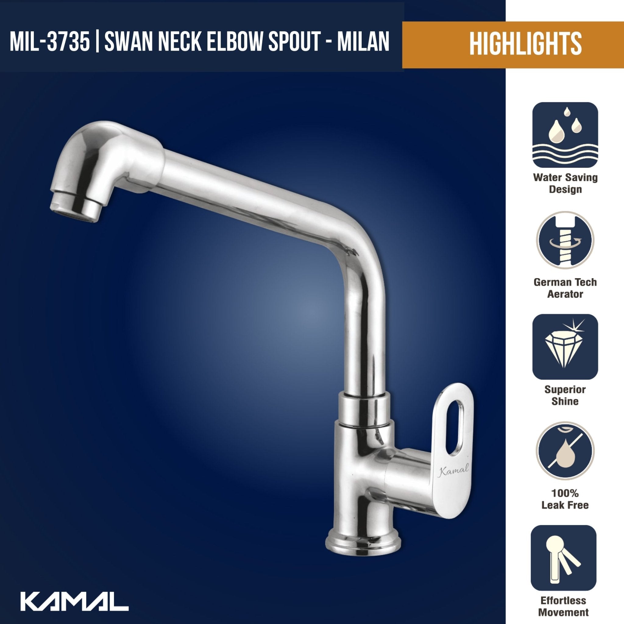 Milan Swan Neck Elbow Faucet (Full Brass) - by Kamal - Milan - Kamal Bathware
