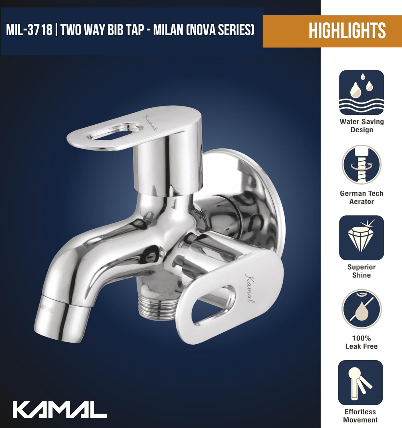 Milan Two Way Bib Cock (Full Brass) - by Kamal - Milan - Kamal Bathware