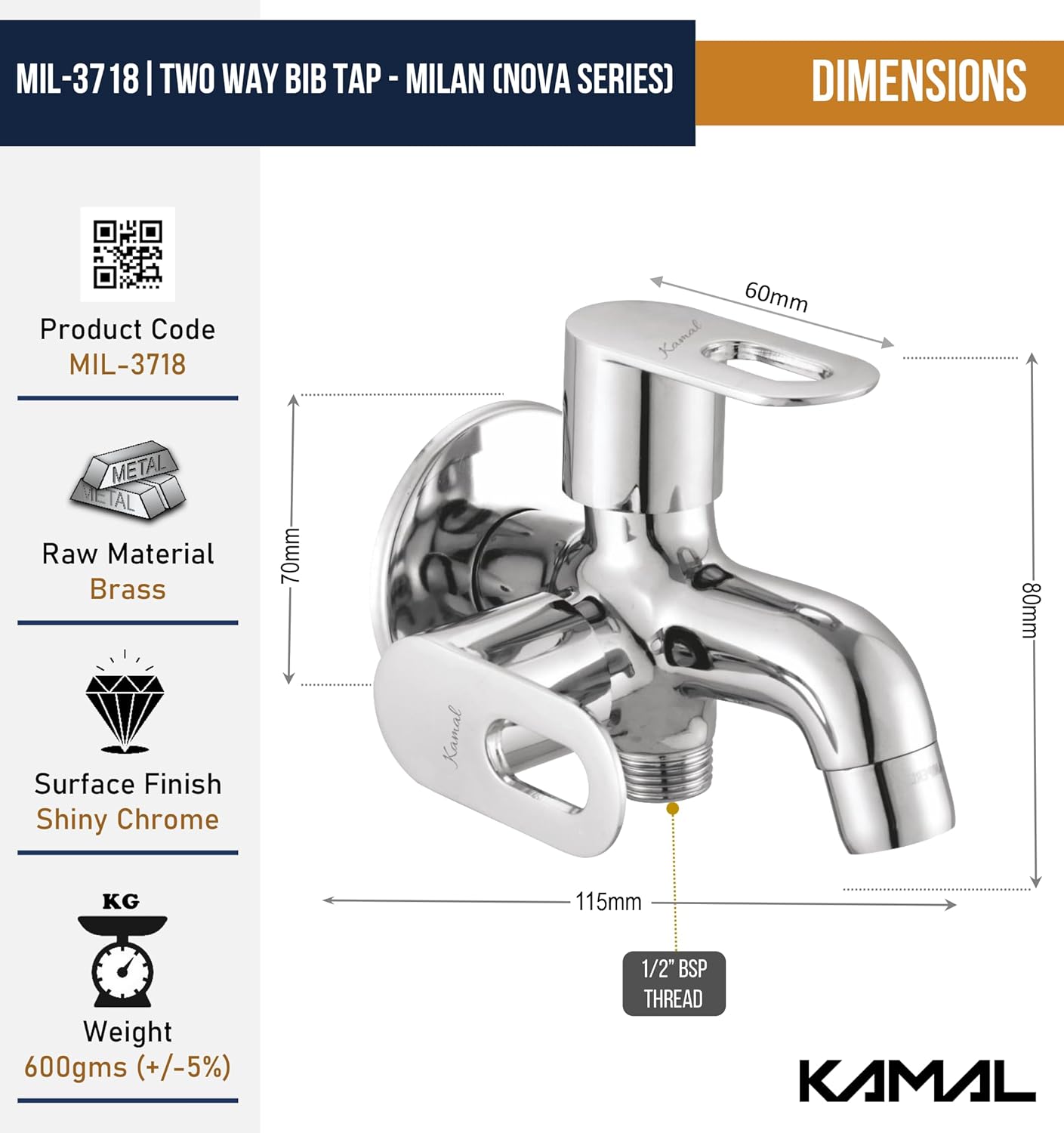 Milan Two Way Bib Cock (Full Brass) - by Kamal - Milan - Kamal Bathware
