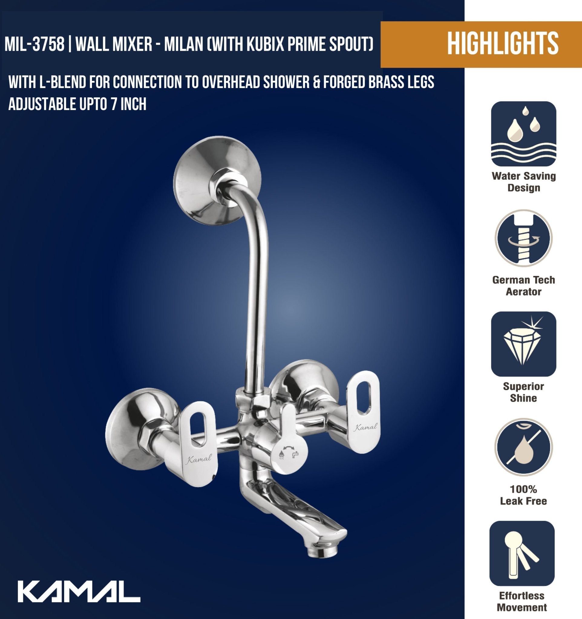 Milan Wall Mixer Kubix Prime Spout with Long L Bend Pipe (Full Brass) - by Kamal - Milan - Kamal Bathware