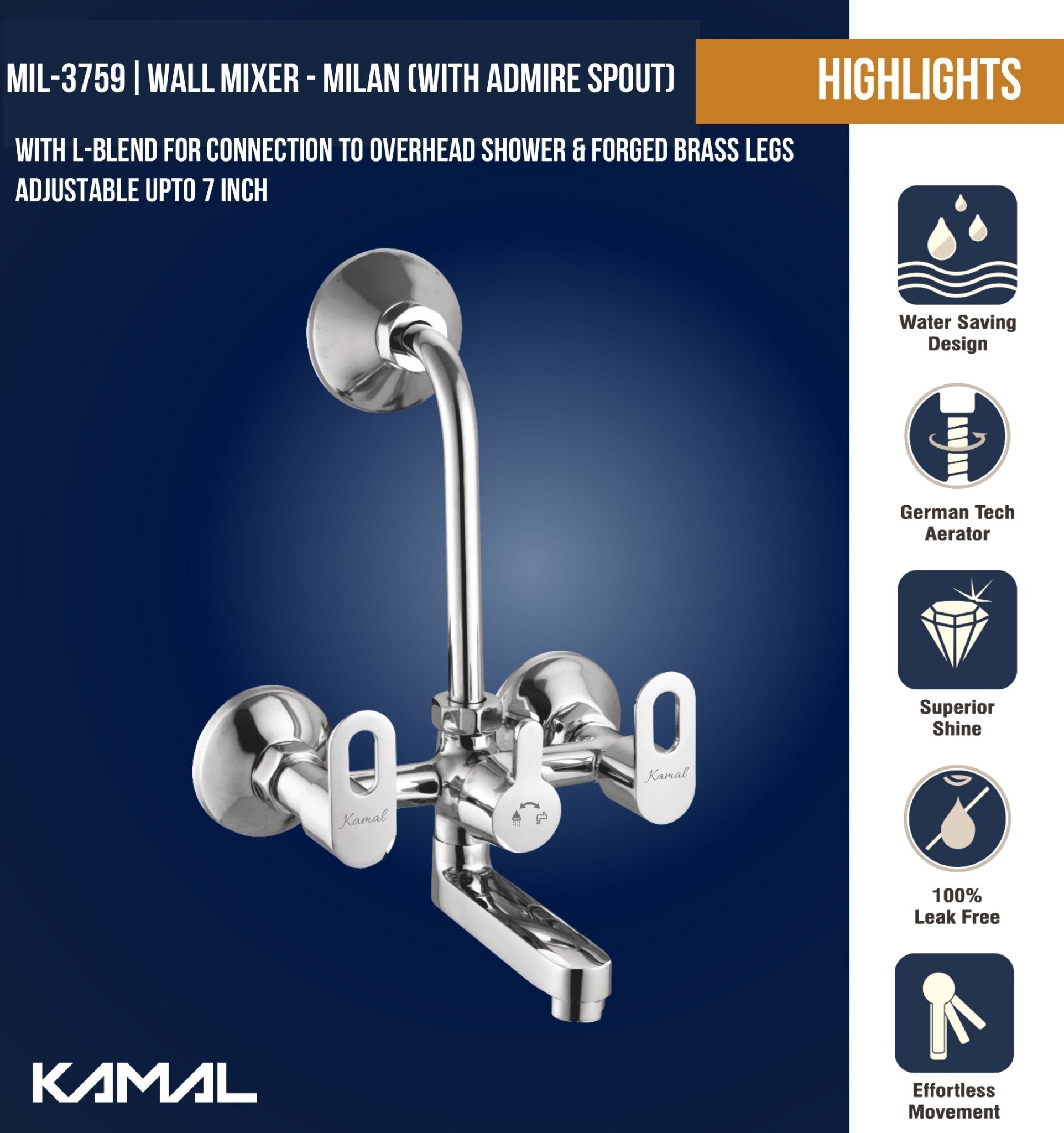 Milan Wall Mixer with L Bend Pipe Admire Spout (Full Brass) - by Kamal - Milan - Kamal Bathware