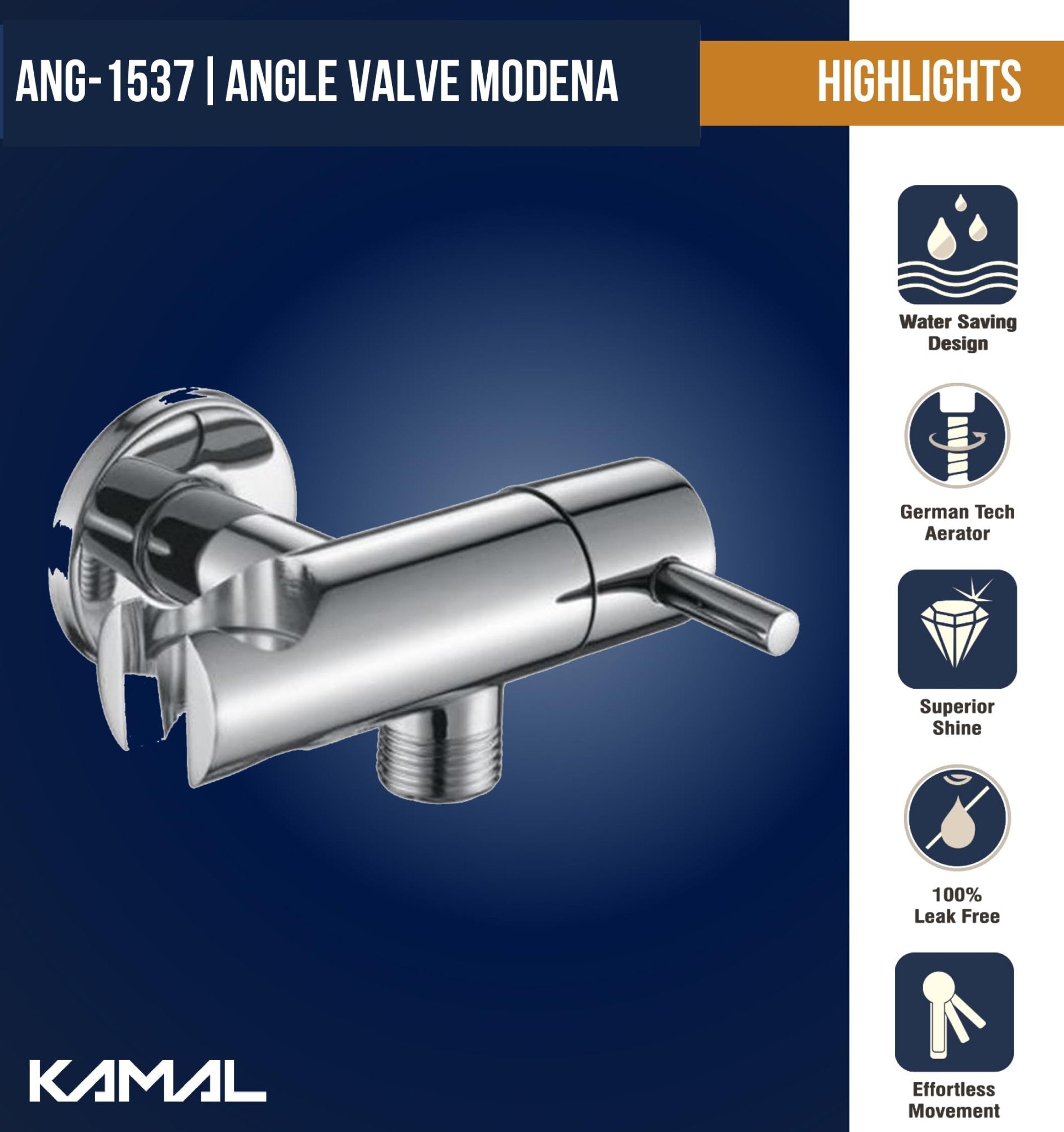 Modena Premium Angle Valve with Holder (Full Brass) - by Kamal - Kamal Bathware