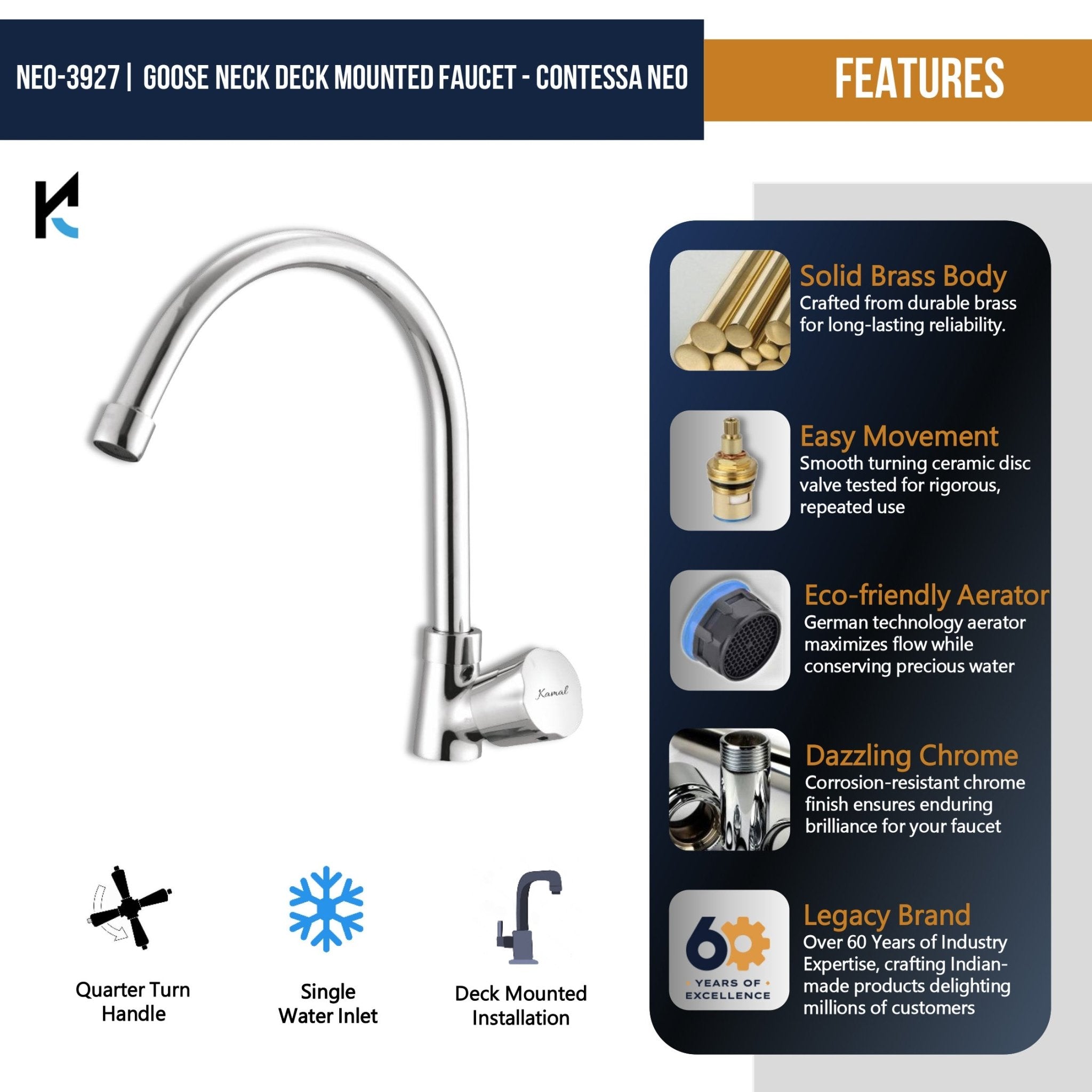 Neo C - Bend Spout Gosseneck Sink Faucet (Full Brass) - by Kamal - Neo - Kamal Bathware