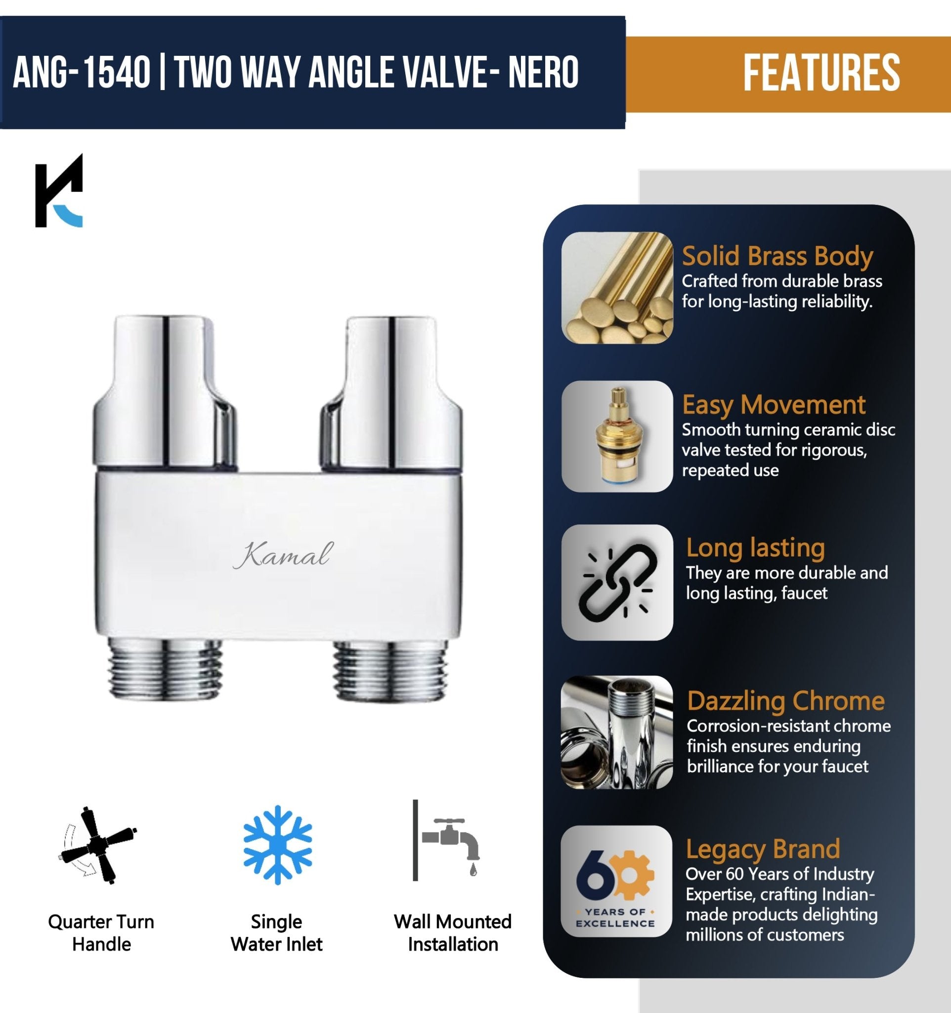 Nero Two Way Angle Valve (Full Brass) - by Kamal - Nero - Kamal Bathware