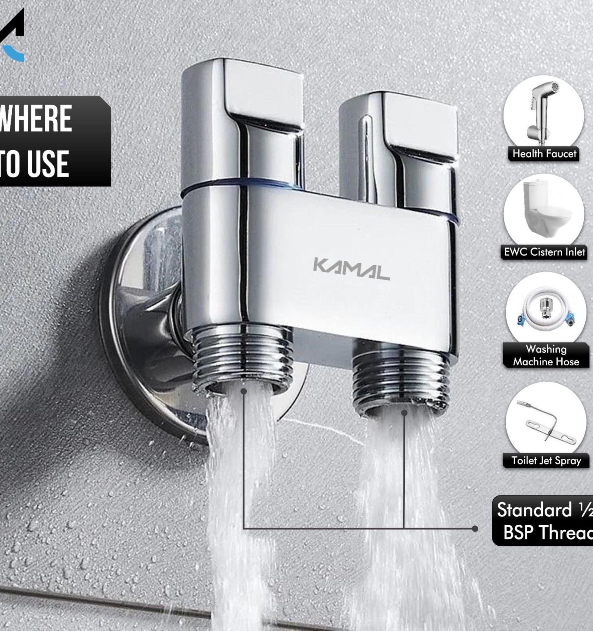 Nero Two Way Angle Valve (Full Brass) - by Kamal - Nero - Kamal Bathware