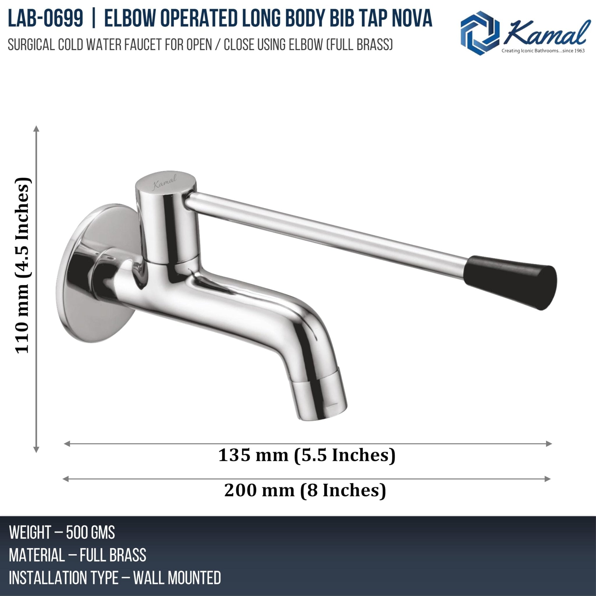 Nova Elbow Action Long Body Bib Tap (Full Brass) - by Kamal - Kamal Bathware