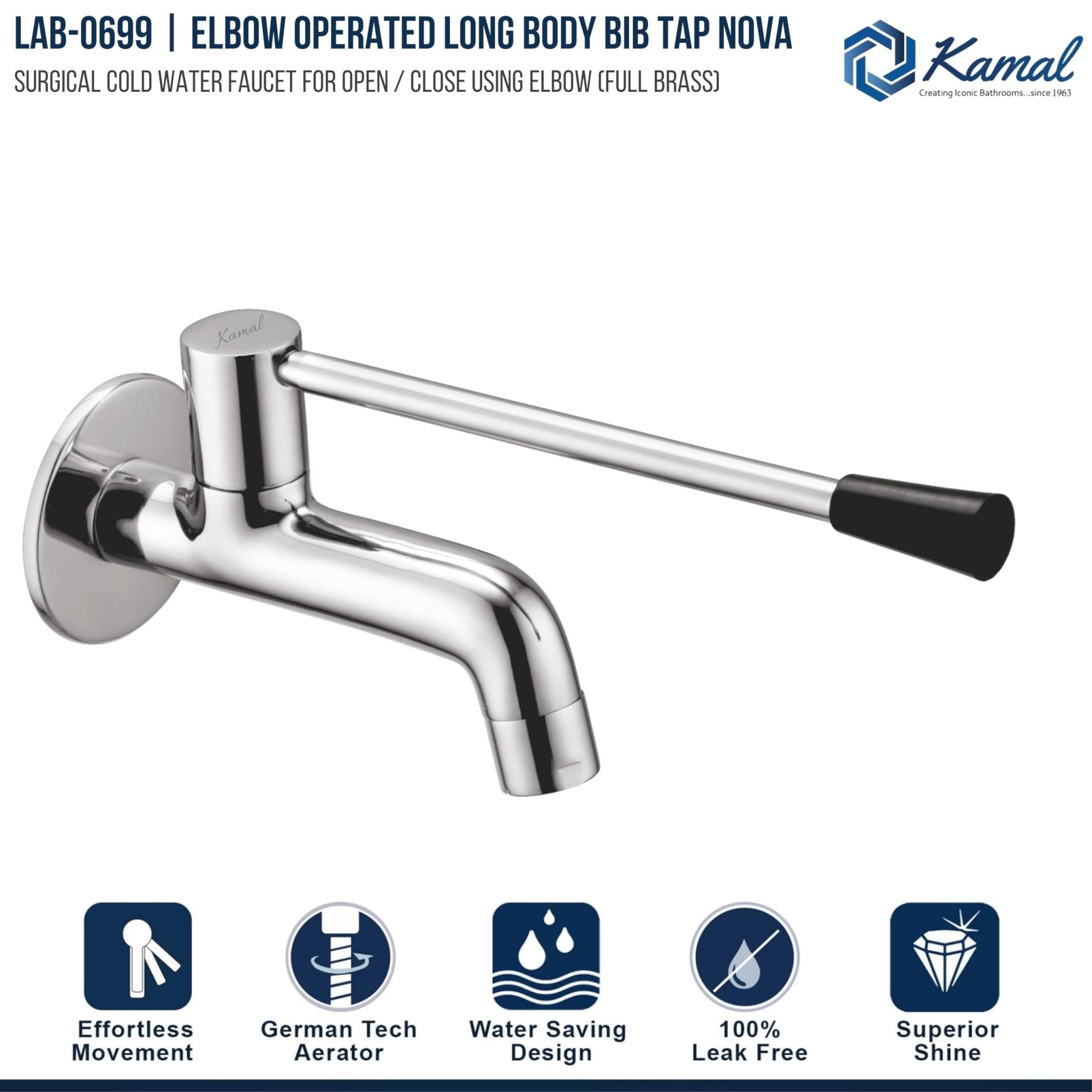Nova Elbow Action Long Body Bib Tap (Full Brass) - by Kamal - Kamal Bathware