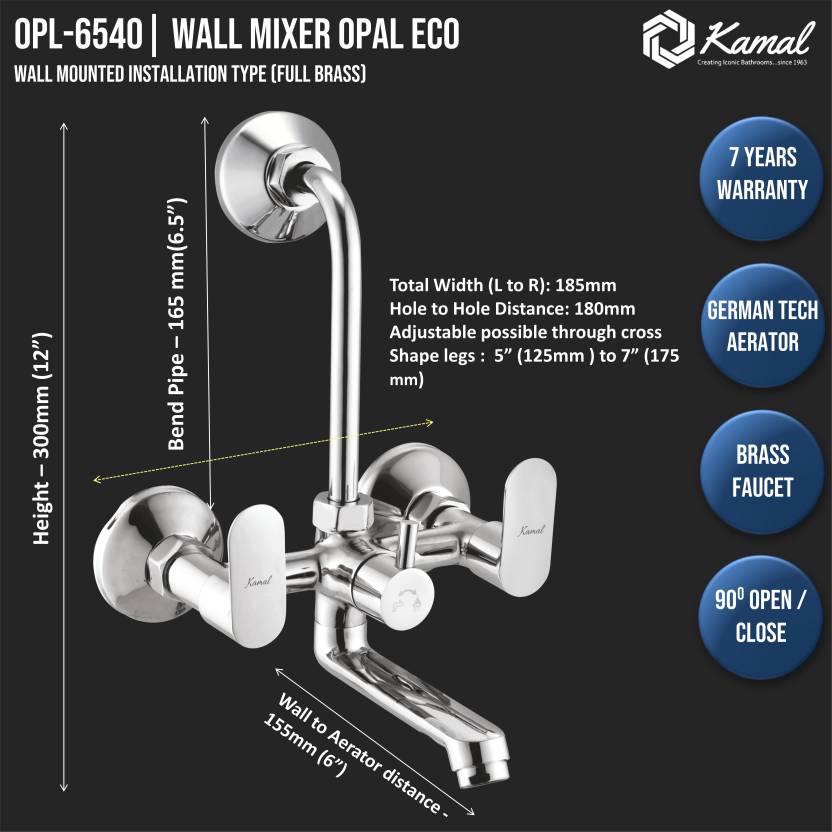 Opal Eco Wall Mixer with L Bend Pipe (Full Brass) - by Kamal - Opal - Kamal Bathware